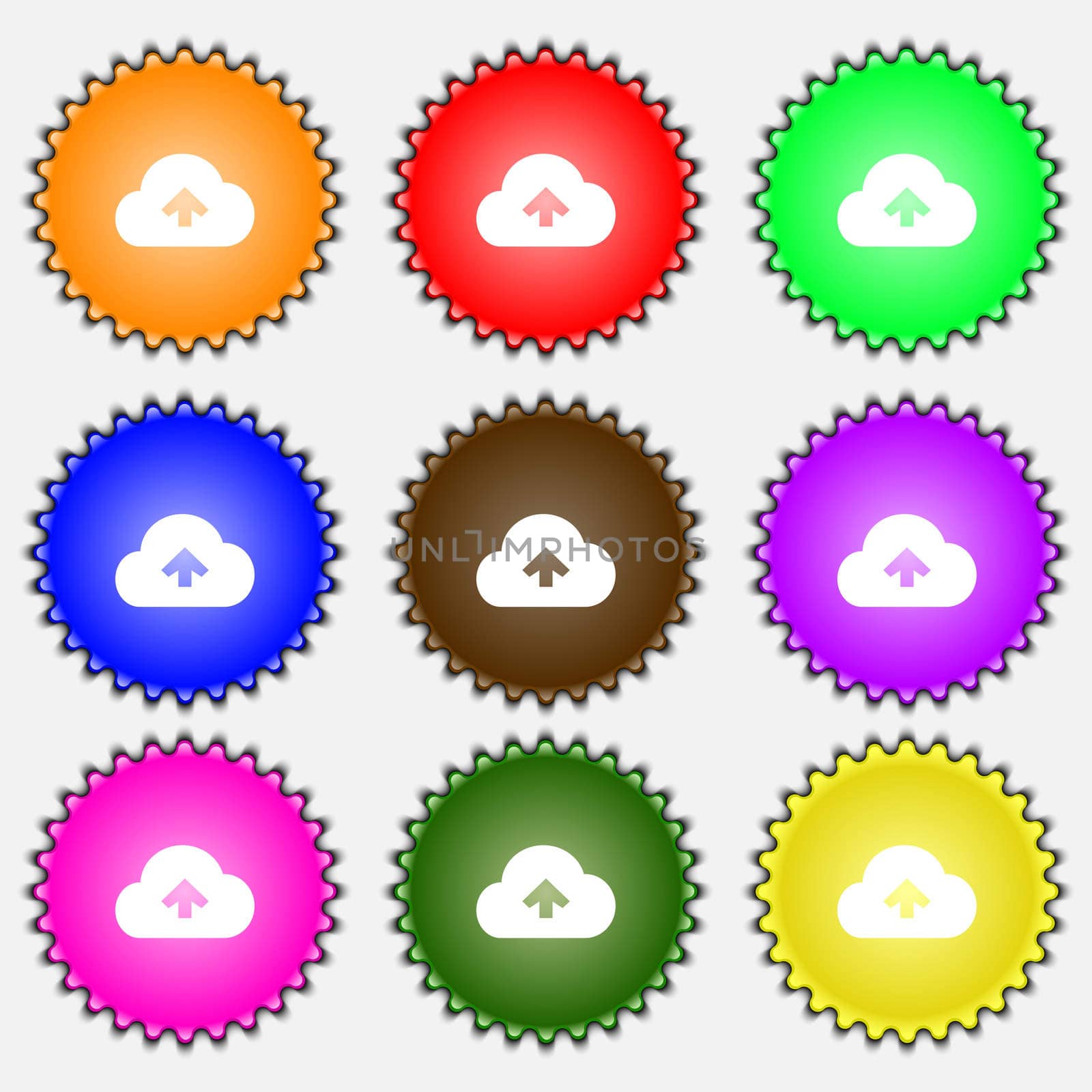 Upload from cloud icon sign. A set of nine different colored labels. illustration 