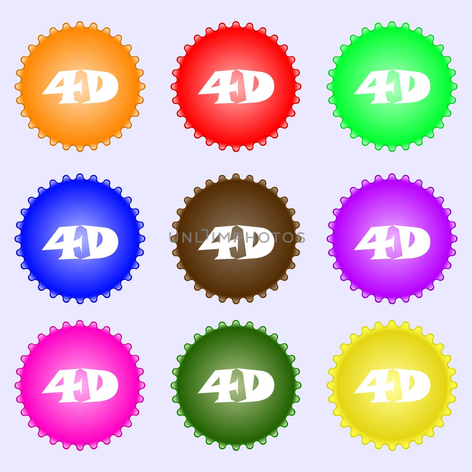 4D sign icon. 4D-New technology symbol. A set of nine different colored labels.  by serhii_lohvyniuk