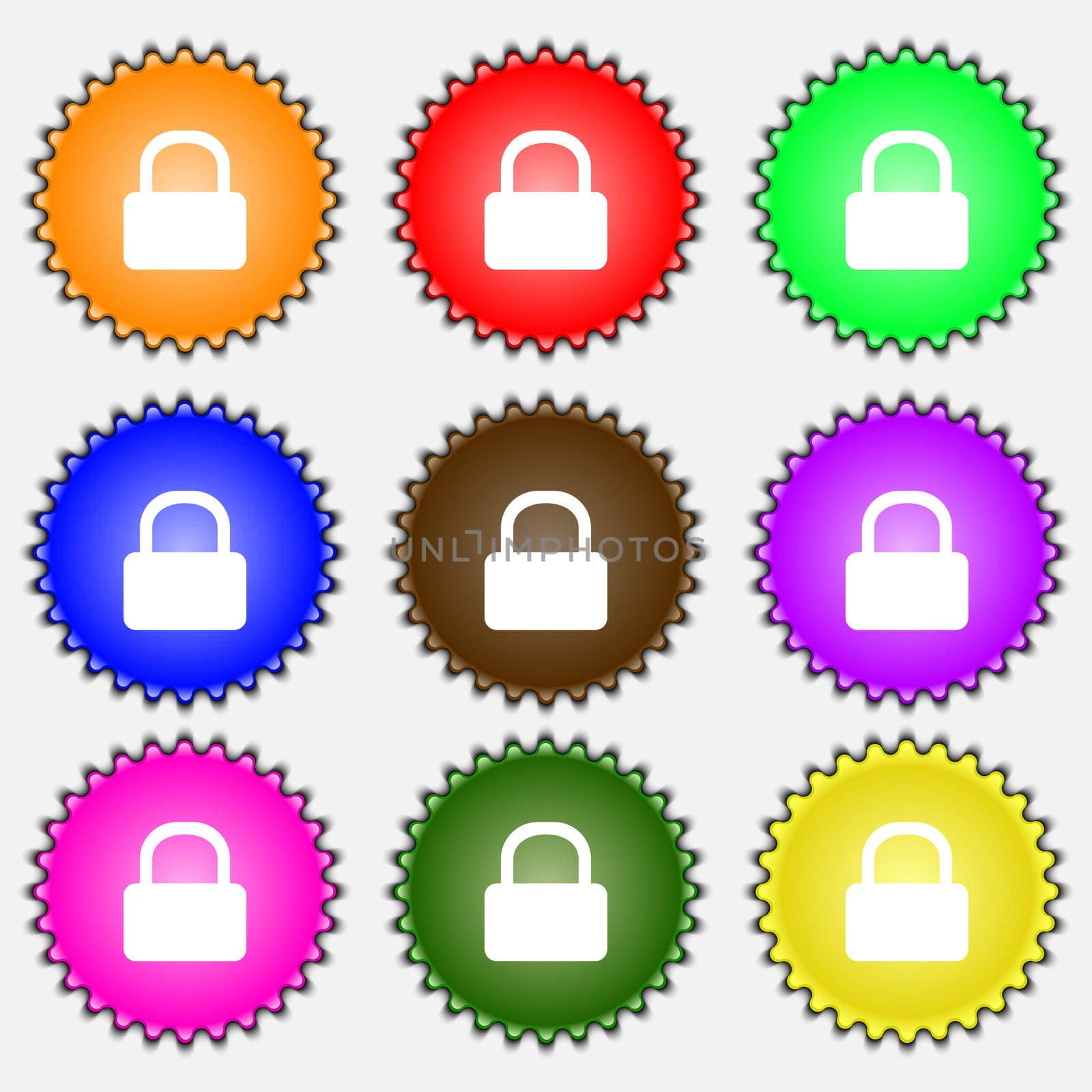 Pad Lock icon sign. A set of nine different colored labels.  by serhii_lohvyniuk