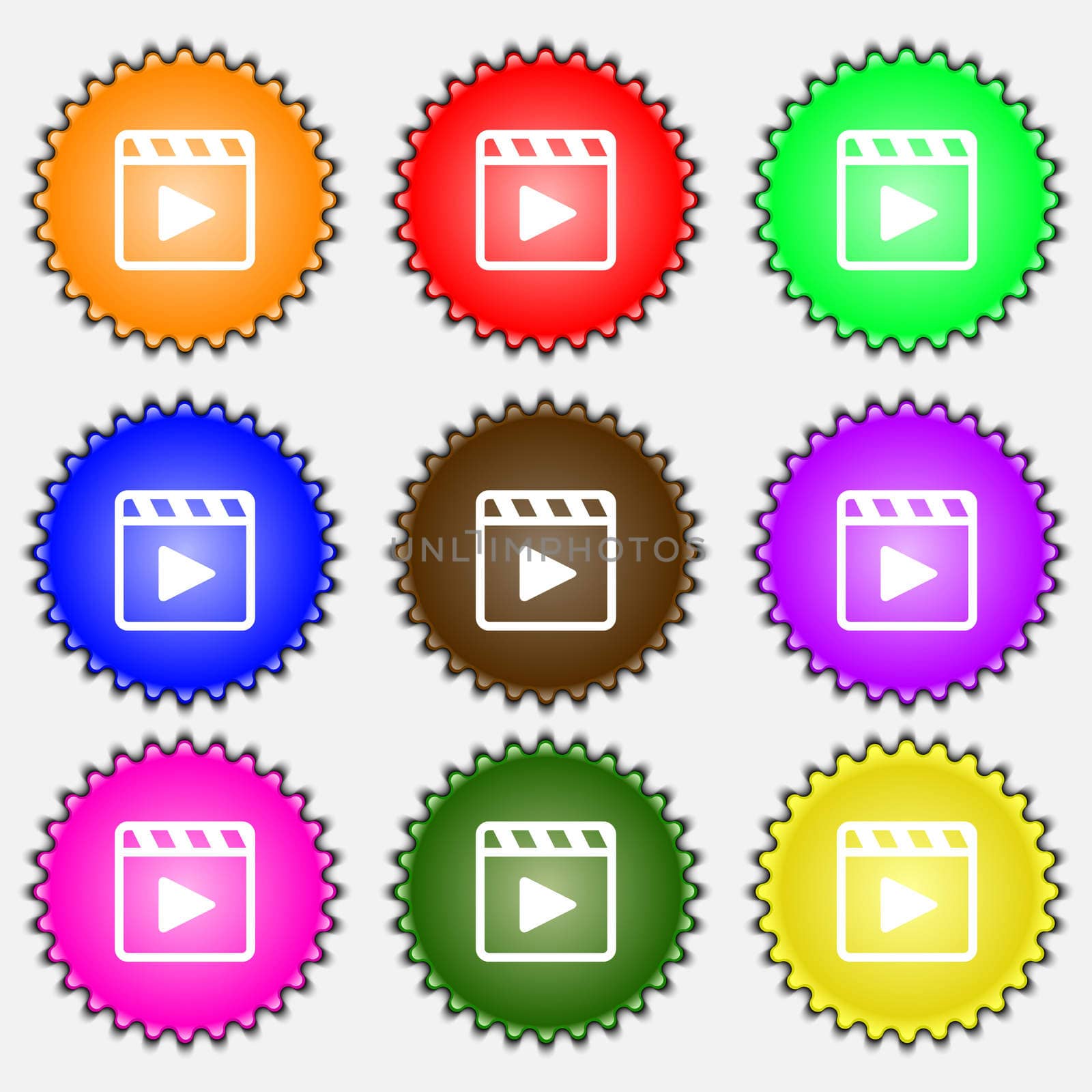 Play video icon sign. A set of nine different colored labels.  by serhii_lohvyniuk