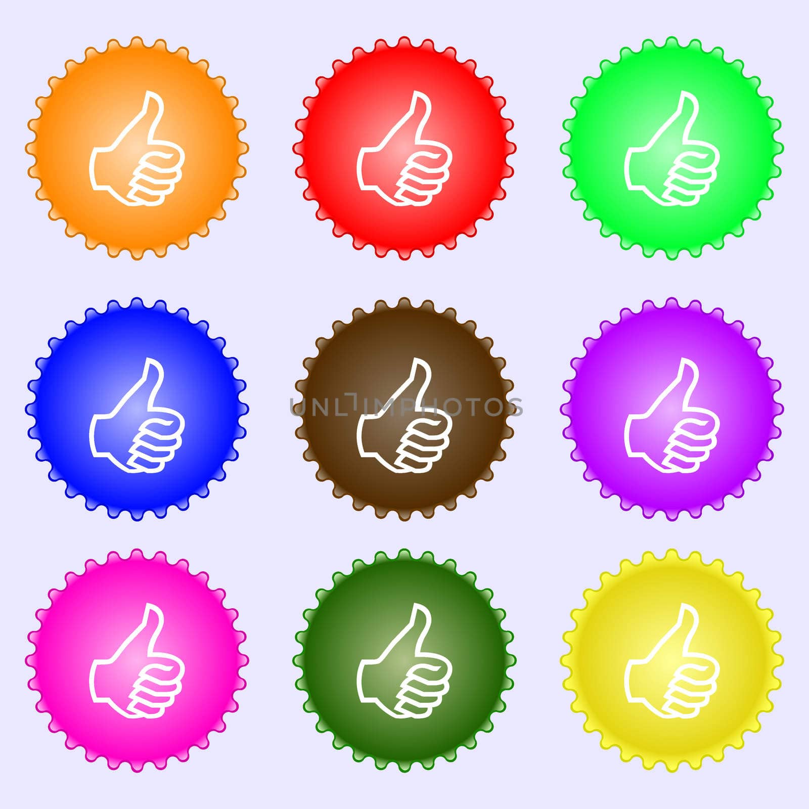 Like sign icon. Thumb up symbol. Hand finger-up. A set of nine different colored labels.  by serhii_lohvyniuk