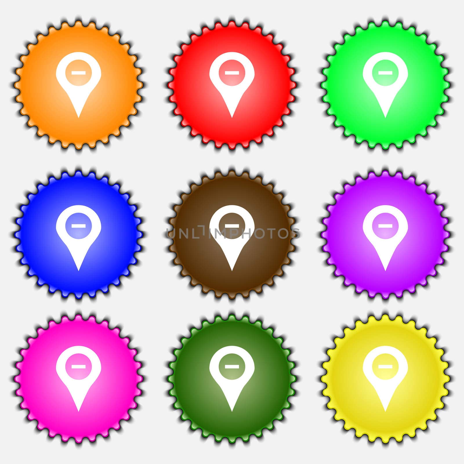 Minus Map pointer, GPS location icon sign. A set of nine different colored labels. illustration 