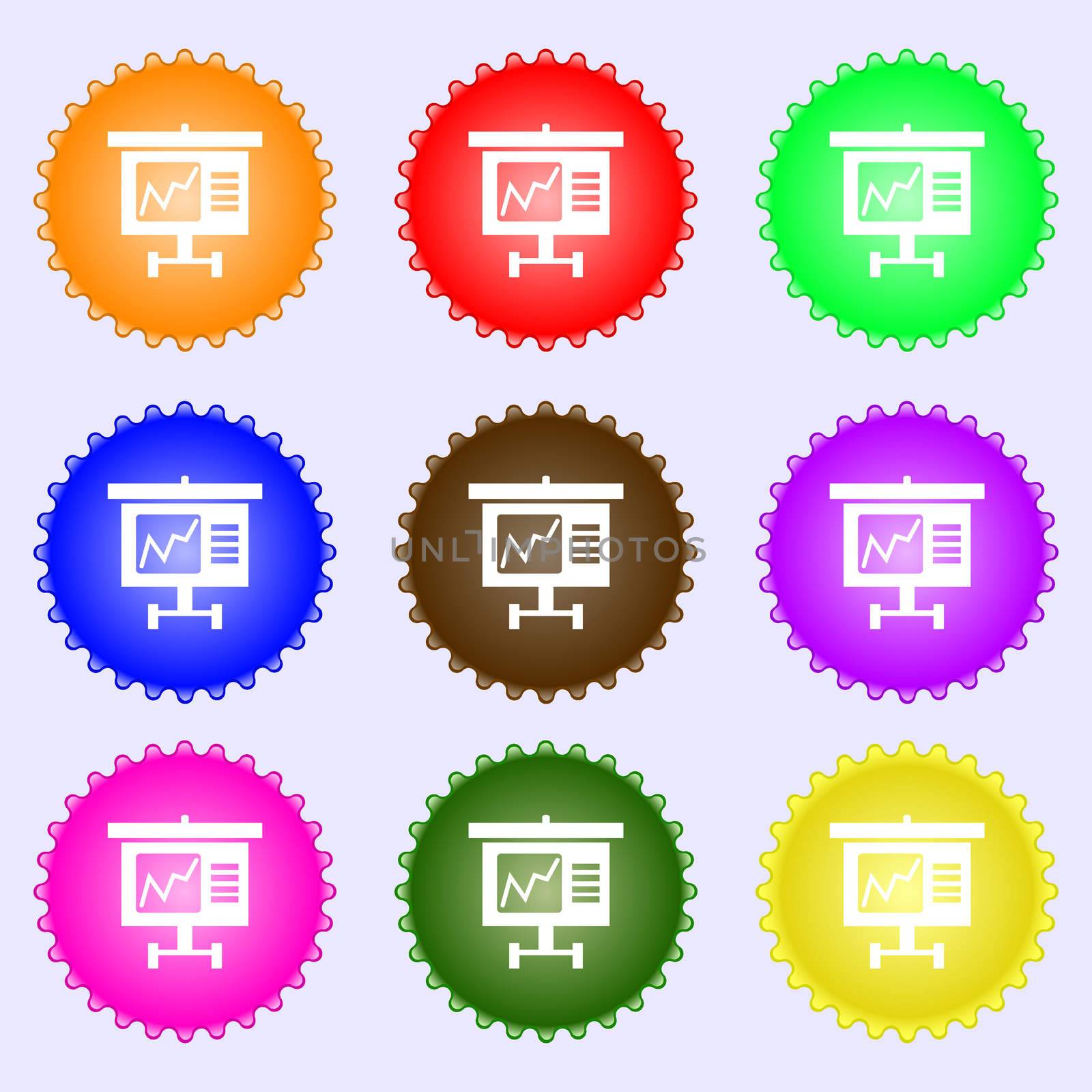 Graph icon sign. A set of nine different colored labels.  by serhii_lohvyniuk
