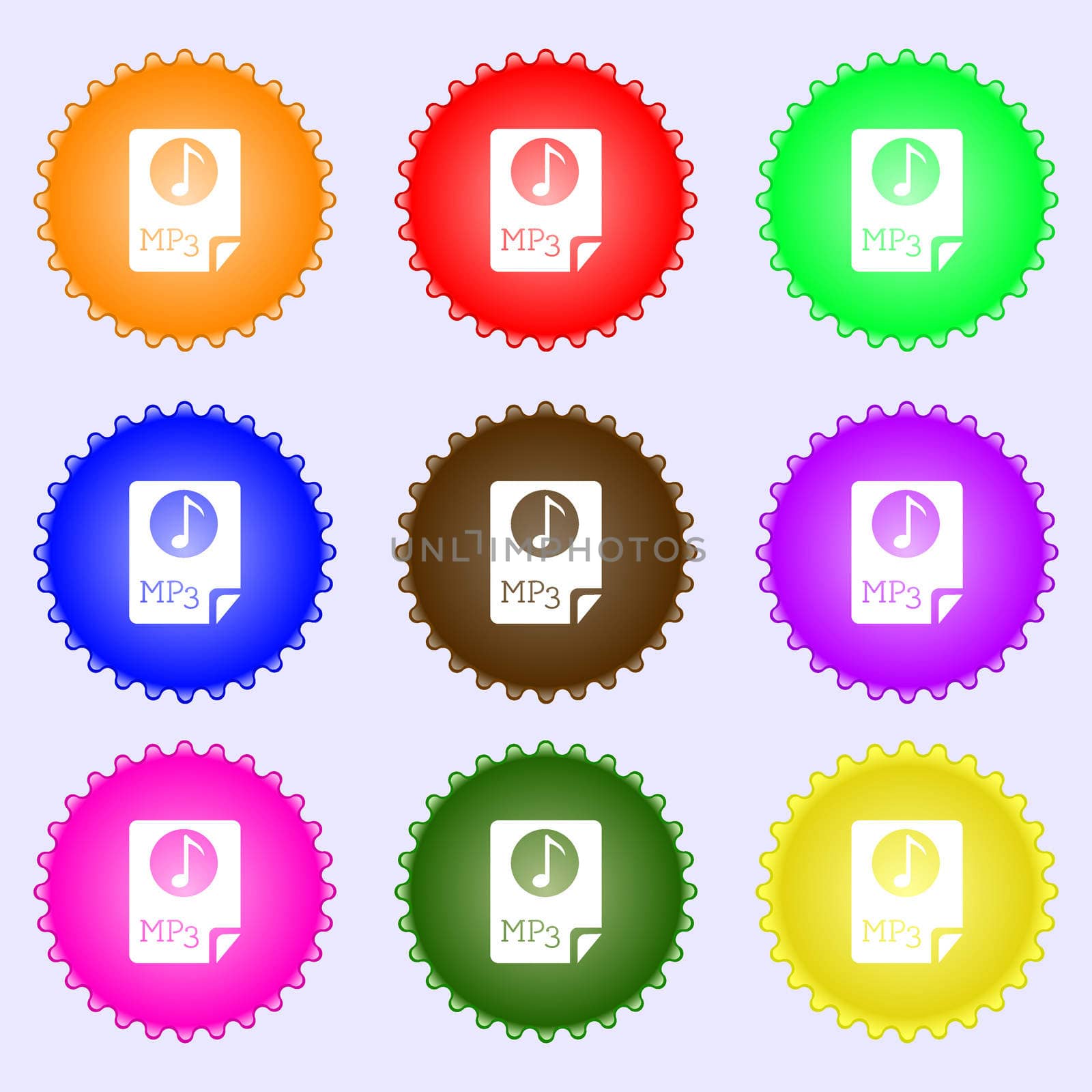Audio, MP3 file icon sign. A set of nine different colored labels.  by serhii_lohvyniuk