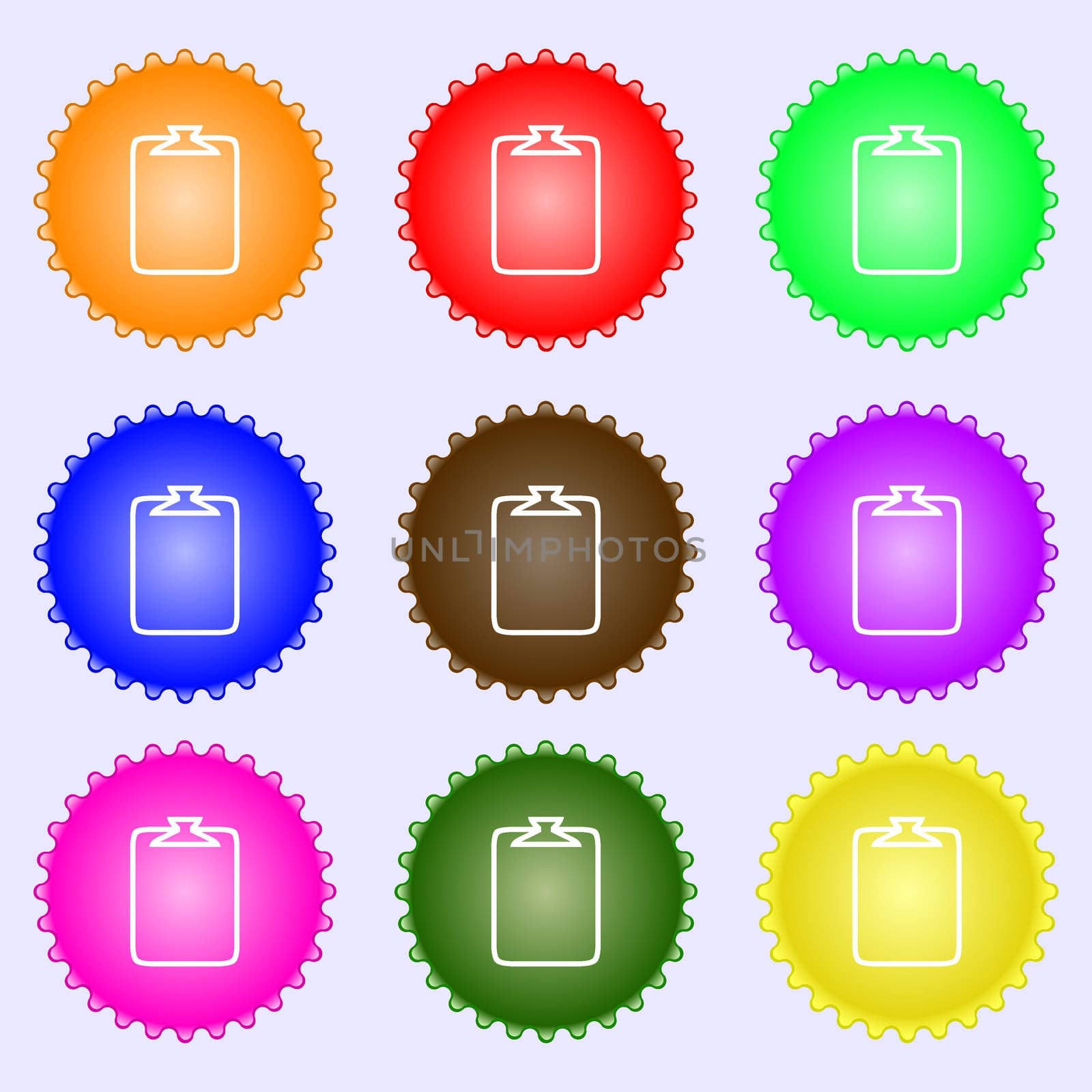 File annex icon. Paper clip symbol. Attach sign. A set of nine different colored labels. illustration