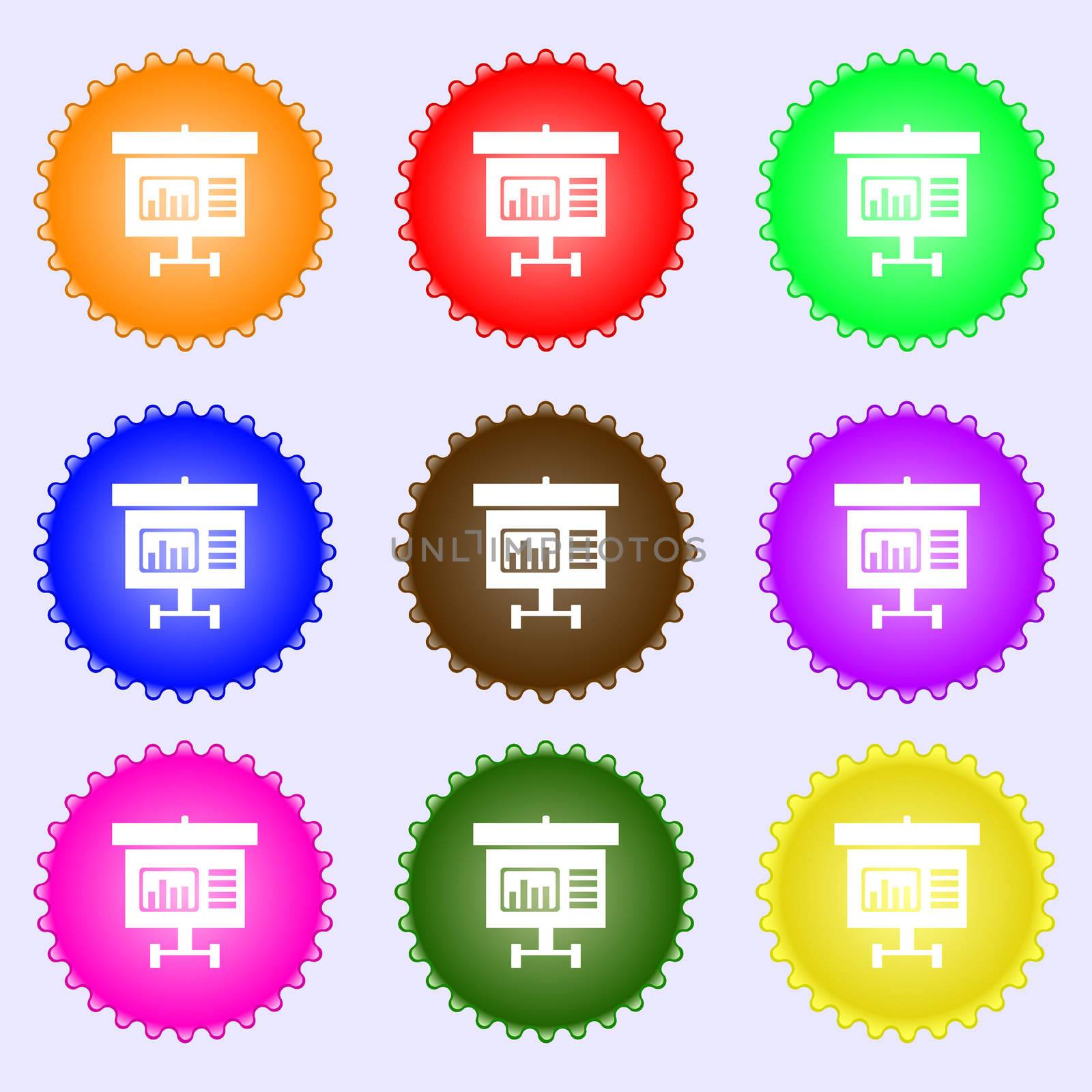 Graph icon sign. A set of nine different colored labels. illustration