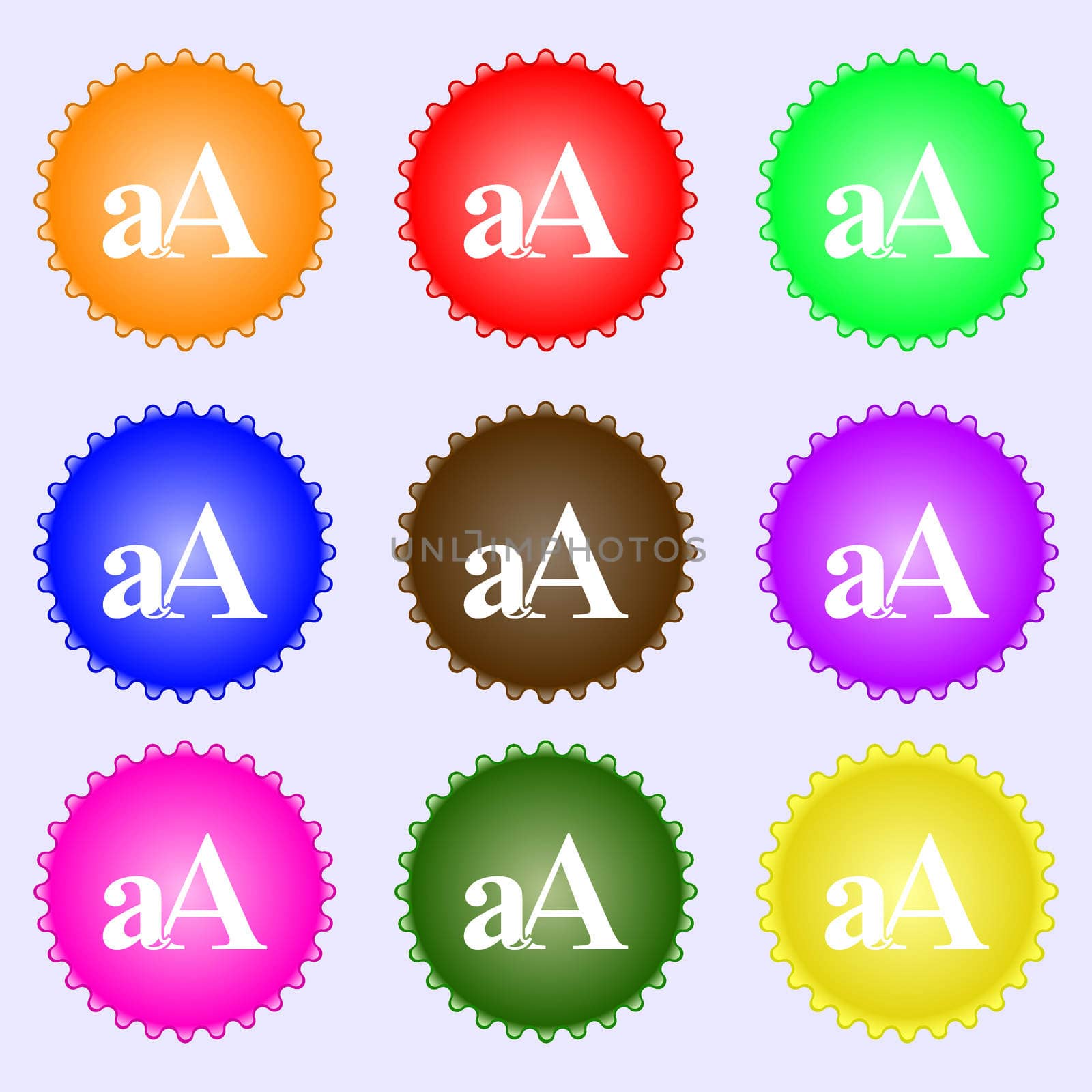 Enlarge font, aA icon sign. A set of nine different colored labels.  by serhii_lohvyniuk