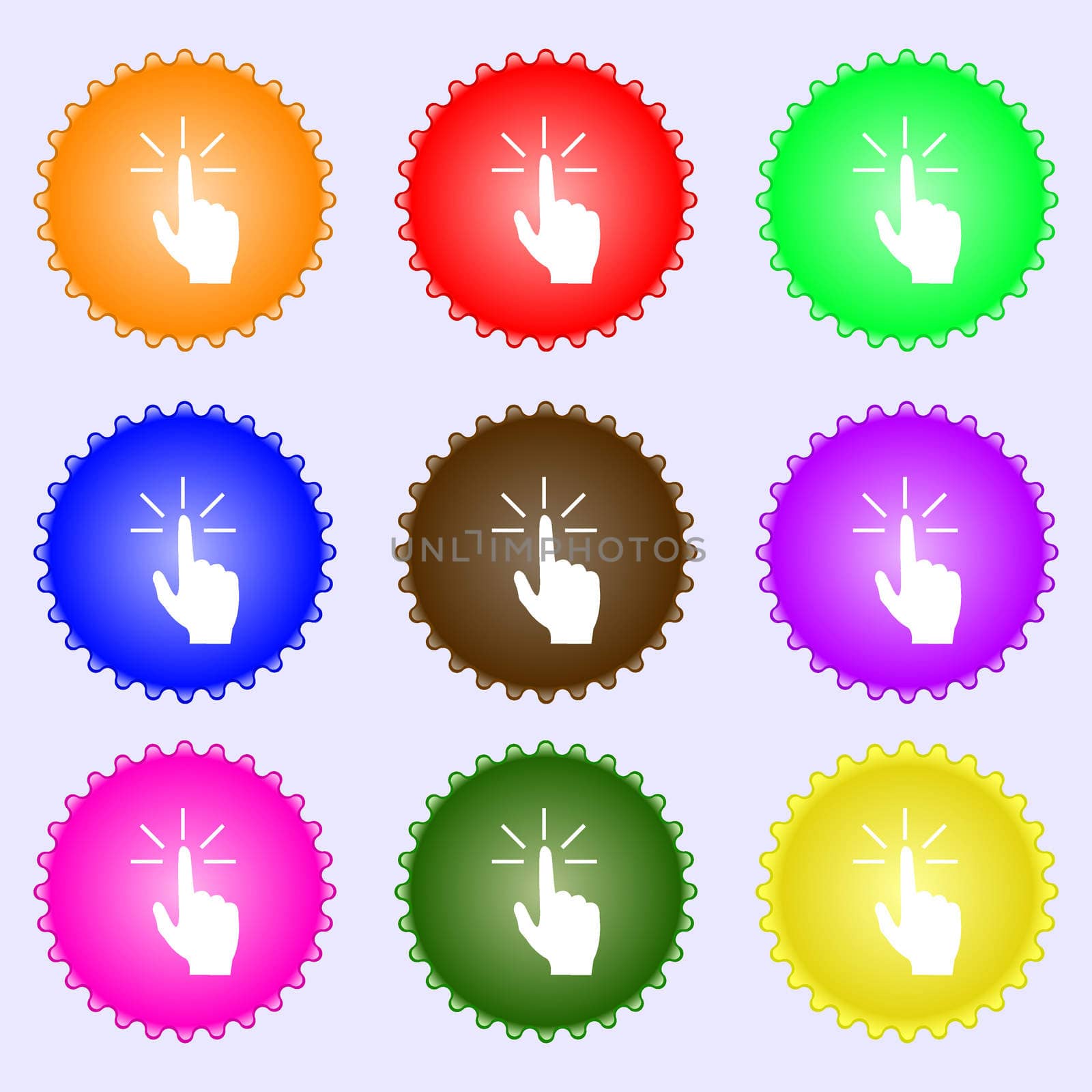 Click here hand icon sign. A set of nine different colored labels.  by serhii_lohvyniuk