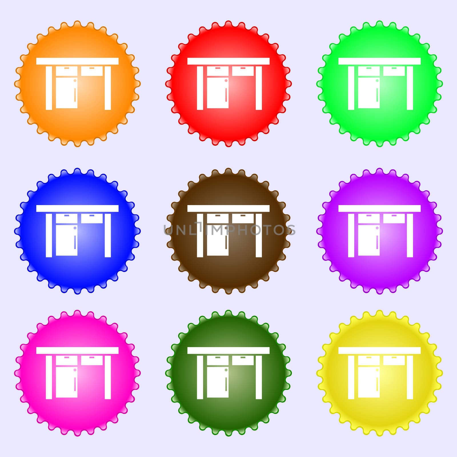 Table icon sign. A set of nine different colored labels. illustration