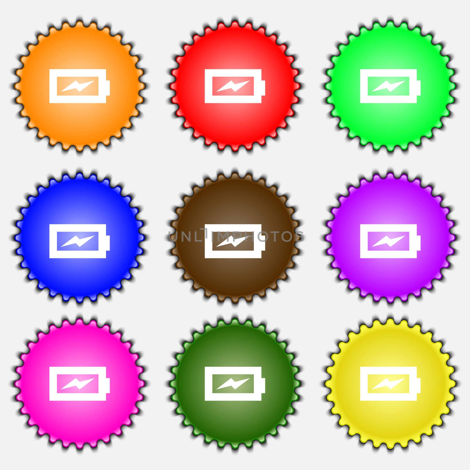 Battery charging icon sign. A set of nine different colored labels. illustration 