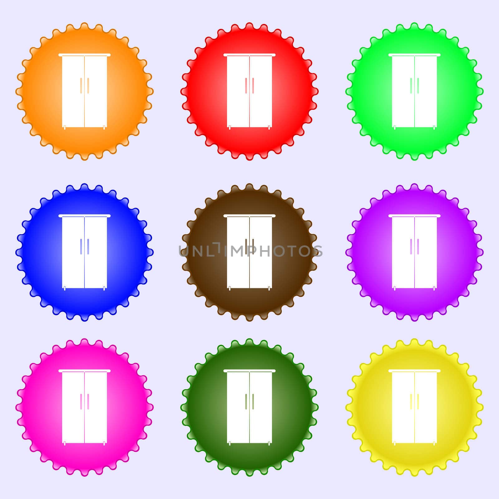 Cupboard icon sign. A set of nine different colored labels. illustration