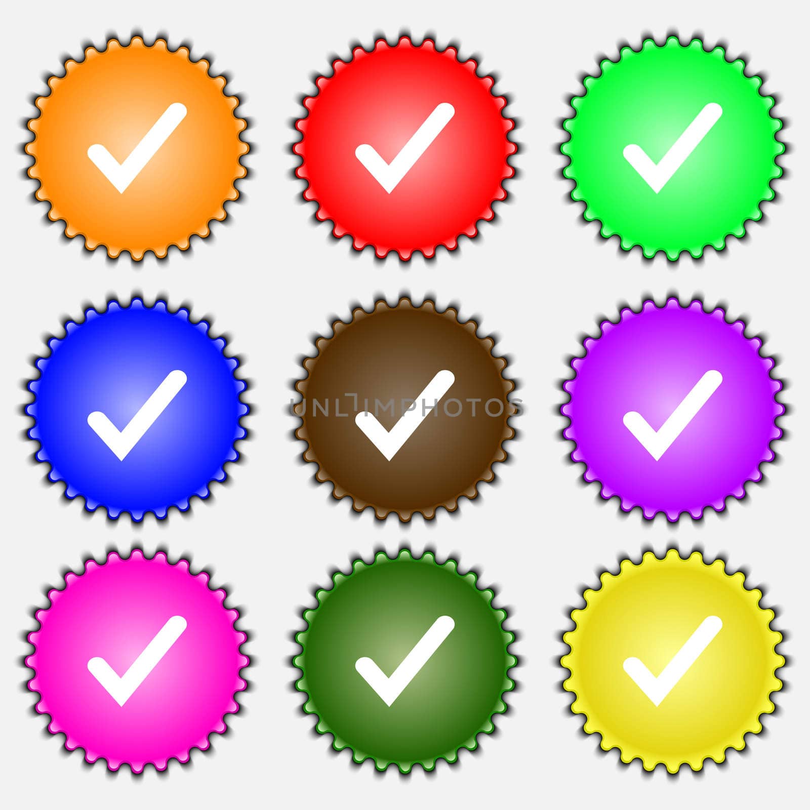Check mark, tik icon sign. A set of nine different colored labels. illustration 