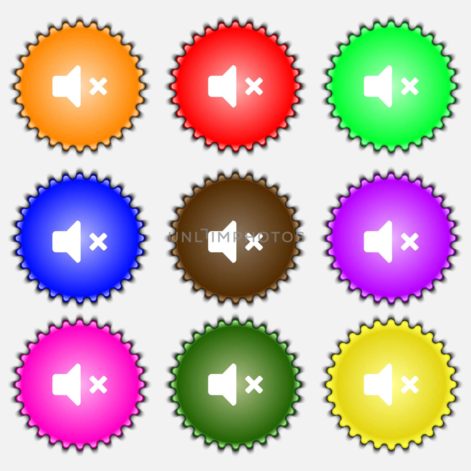Mute speaker , Sound icon sign. A set of nine different colored labels. illustration 