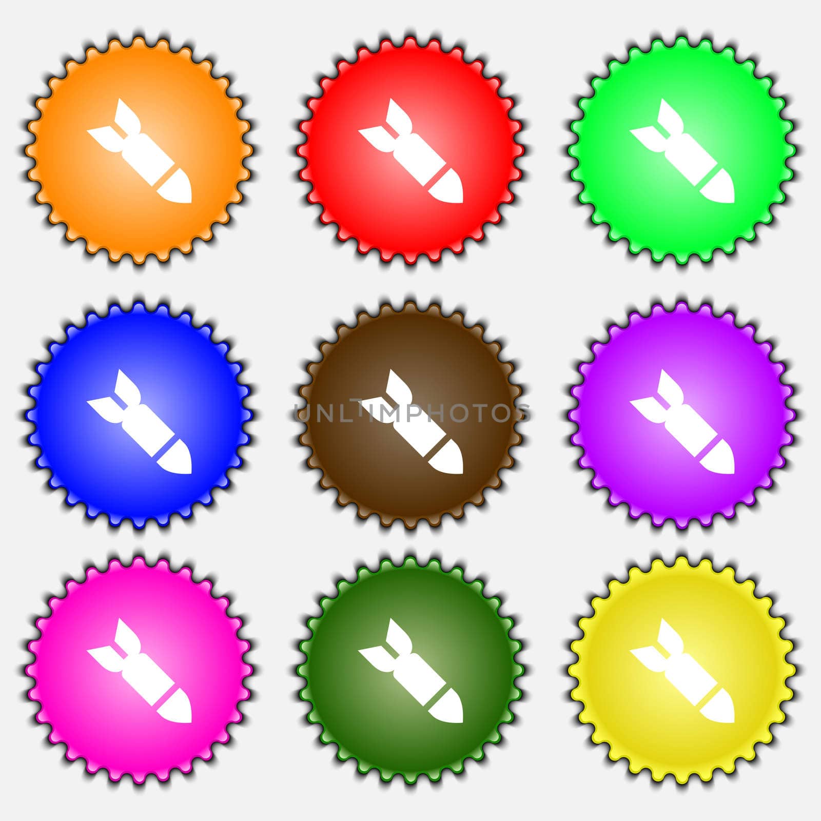 Missile,Rocket weapon icon sign. A set of nine different colored labels. illustration 