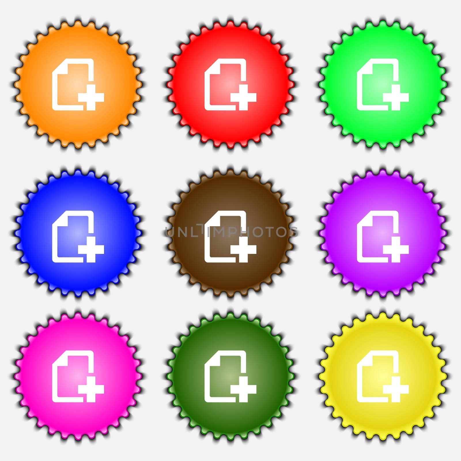 Add File document icon sign. A set of nine different colored labels.  by serhii_lohvyniuk