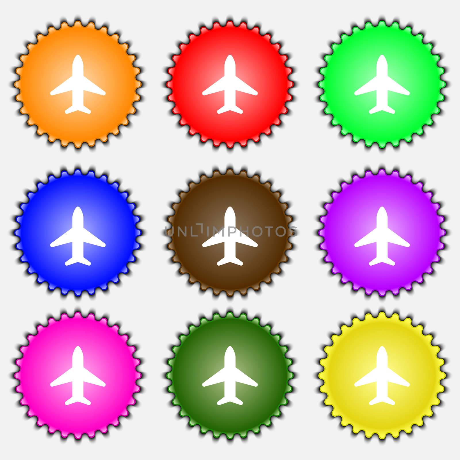 Airplane, Plane, Travel, Flight icon sign. A set of nine different colored labels.  by serhii_lohvyniuk