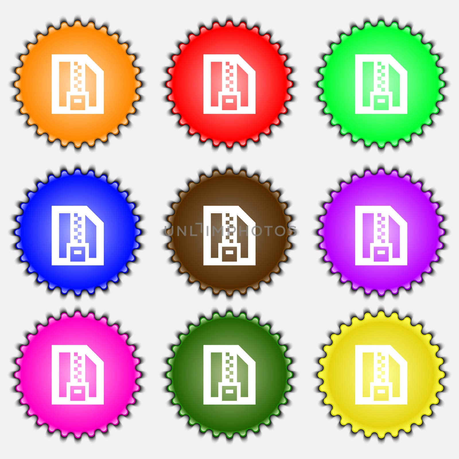 Archive file, Download compressed, ZIP zipped icon sign. A set of nine different colored labels. illustration 