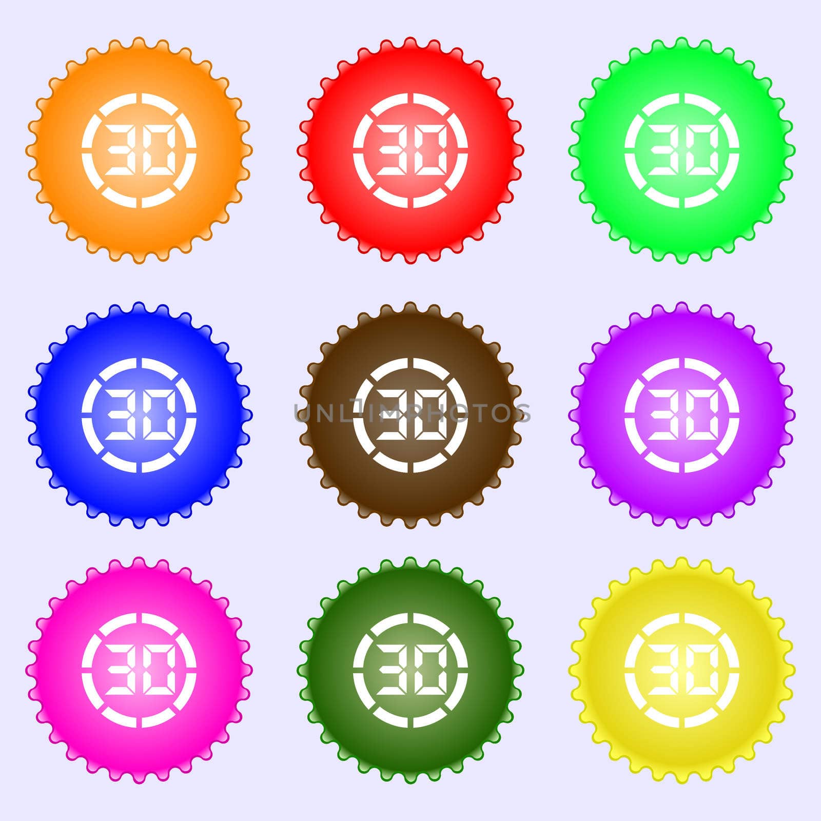 30 second stopwatch icon sign. A set of nine different colored labels. illustration