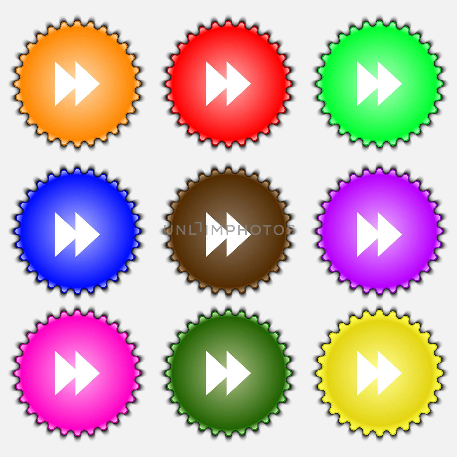 rewind icon sign. A set of nine different colored labels. illustration 