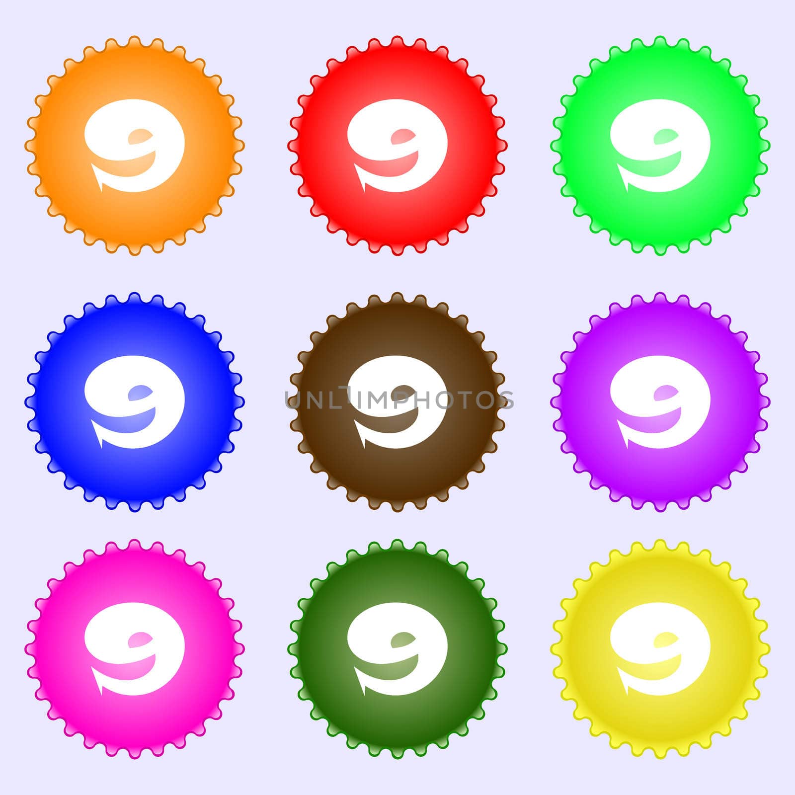 number Nine icon sign. A set of nine different colored labels. illustration