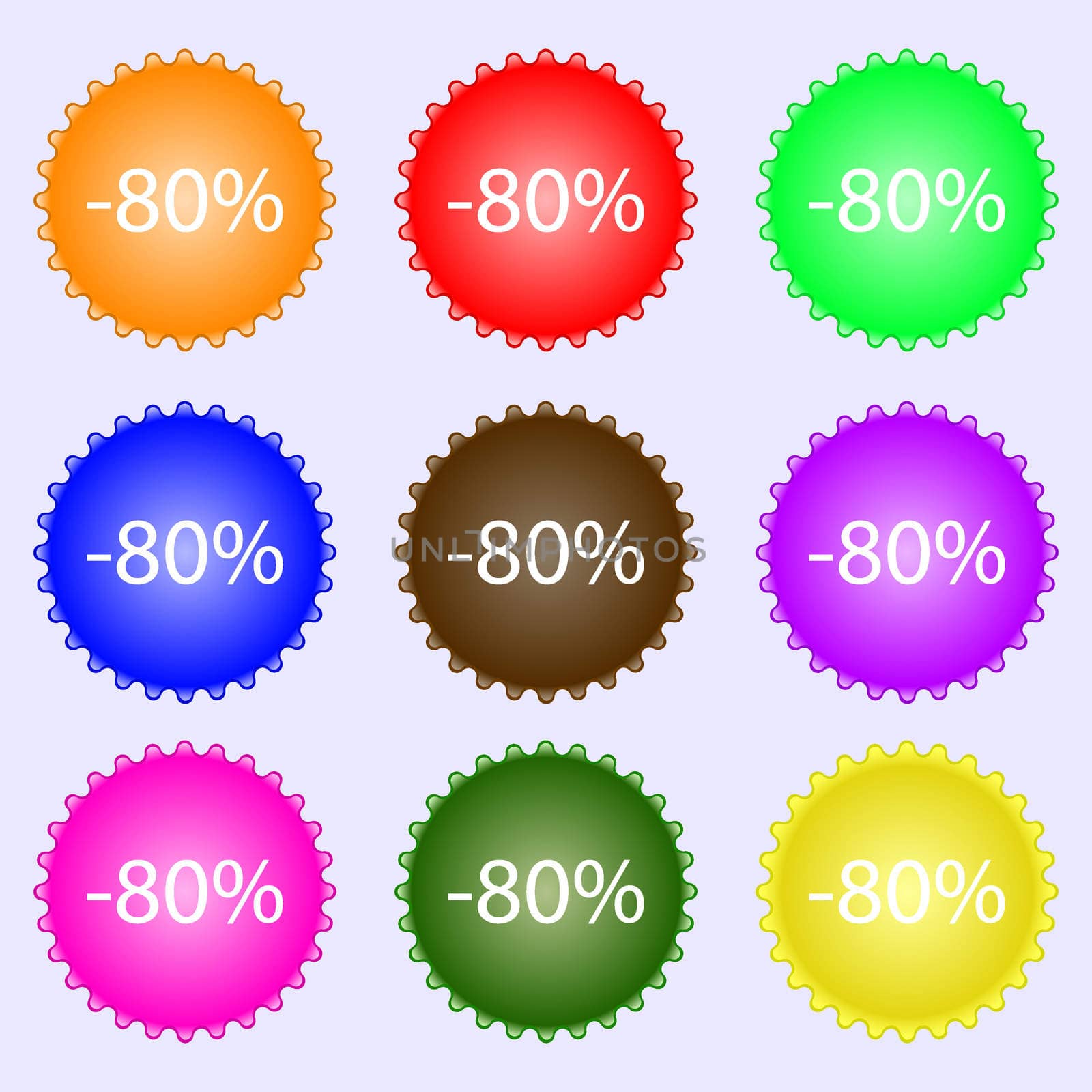 80 percent discount sign icon. Sale symbol. Special offer label. A set of nine different colored labels.  by serhii_lohvyniuk