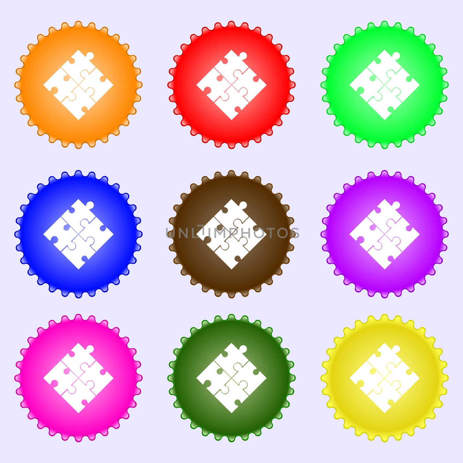 Puzzle piece icon sign. A set of nine different colored labels. illustration
