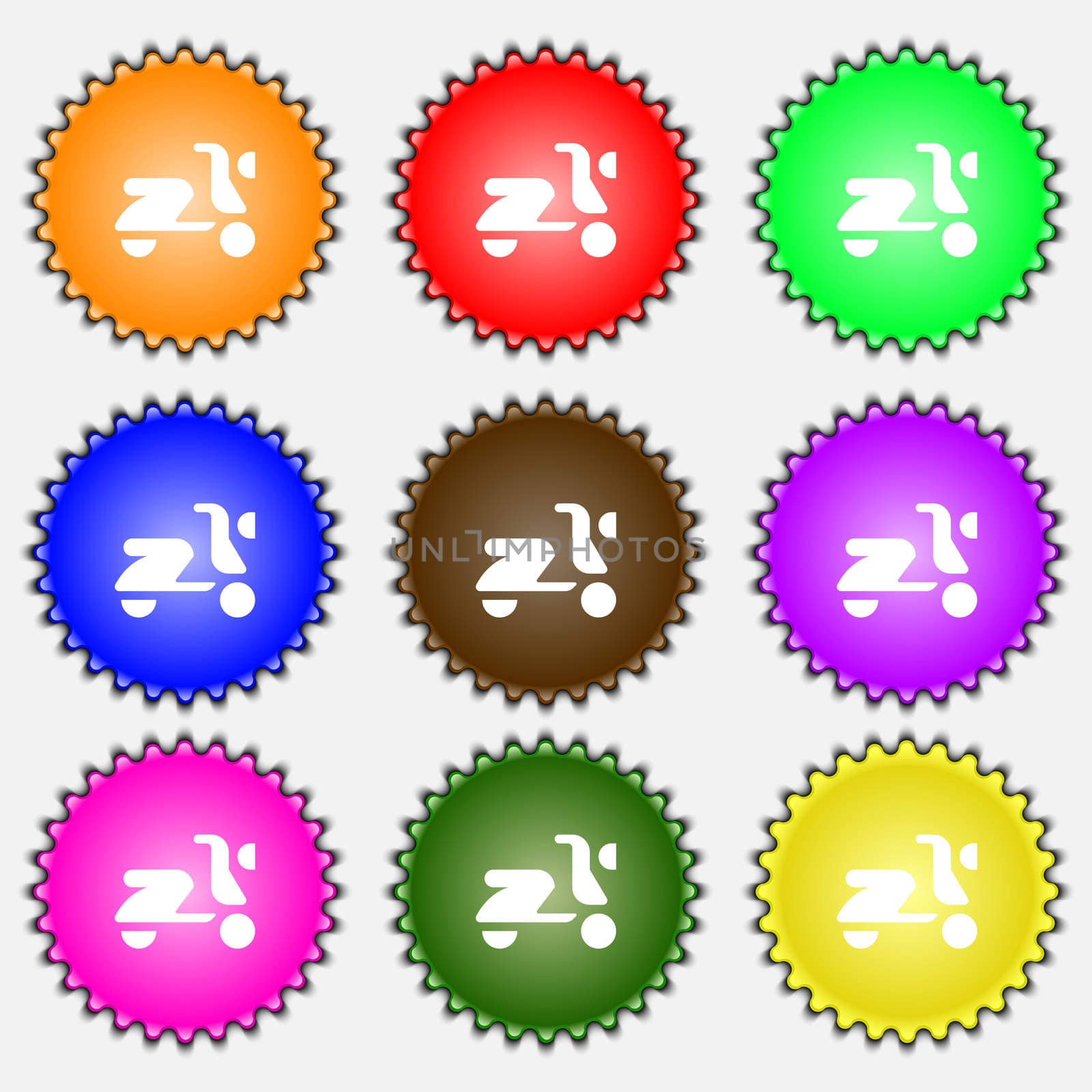 Scooter, bike icon sign. A set of nine different colored labels.  by serhii_lohvyniuk