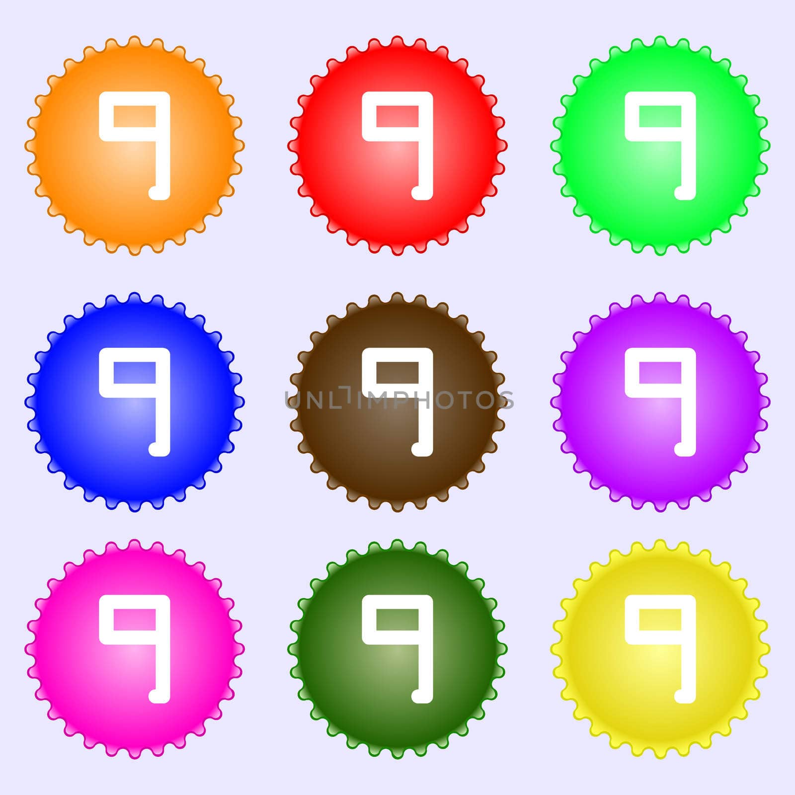 number Nine icon sign. A set of nine different colored labels. illustration