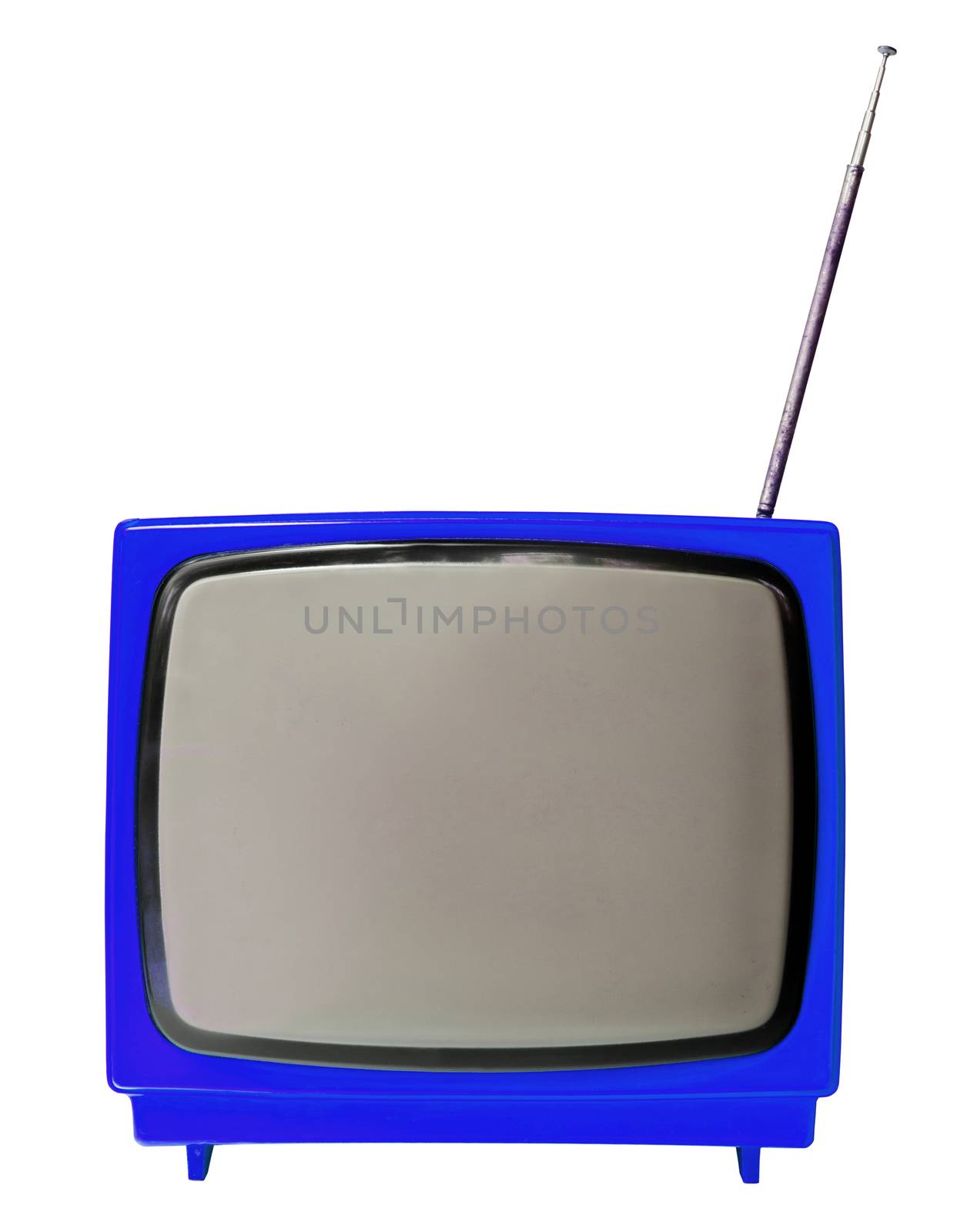 Blue light vintage analog television isolated over white background, clipping path.
