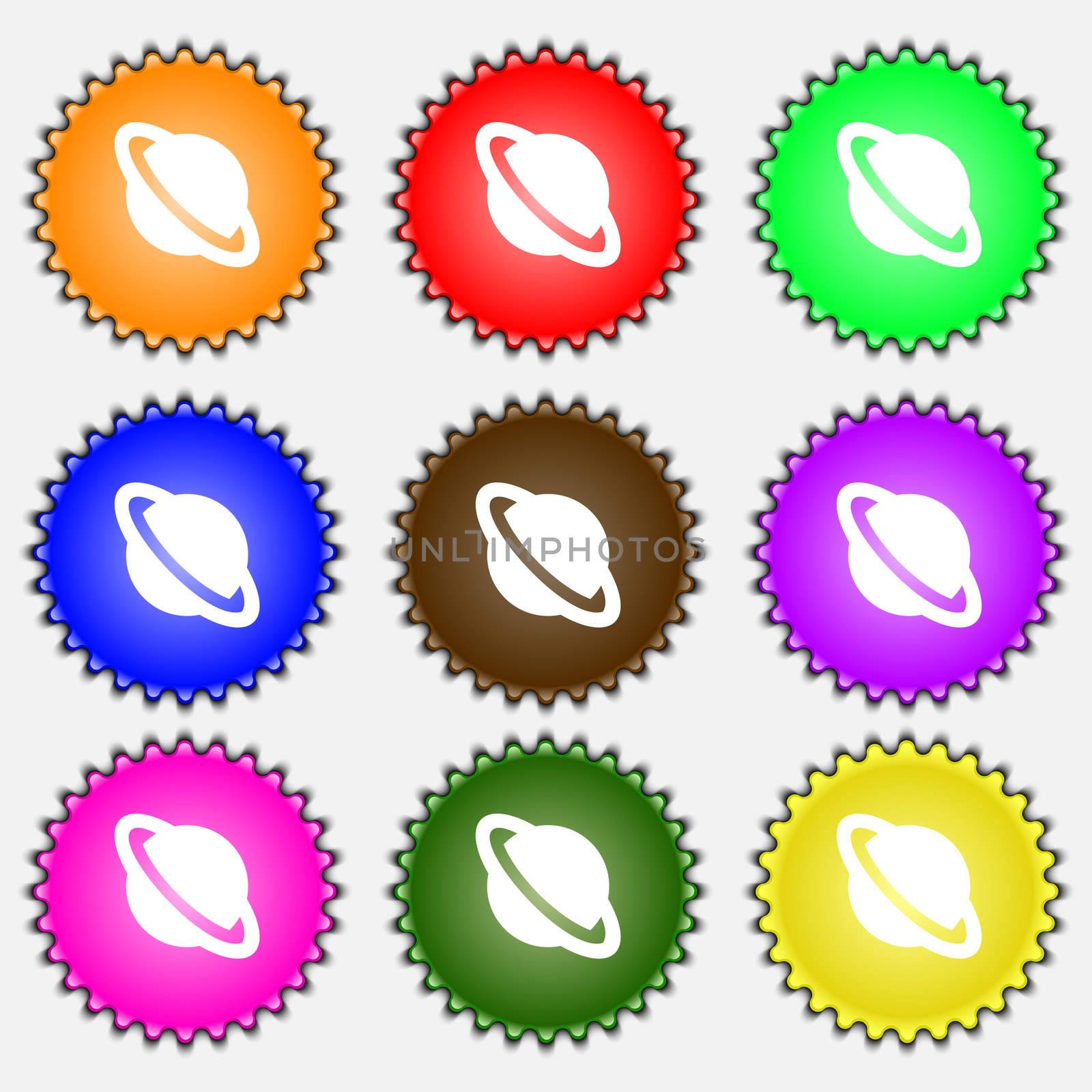 Jupiter planet icon sign. A set of nine different colored labels.  by serhii_lohvyniuk