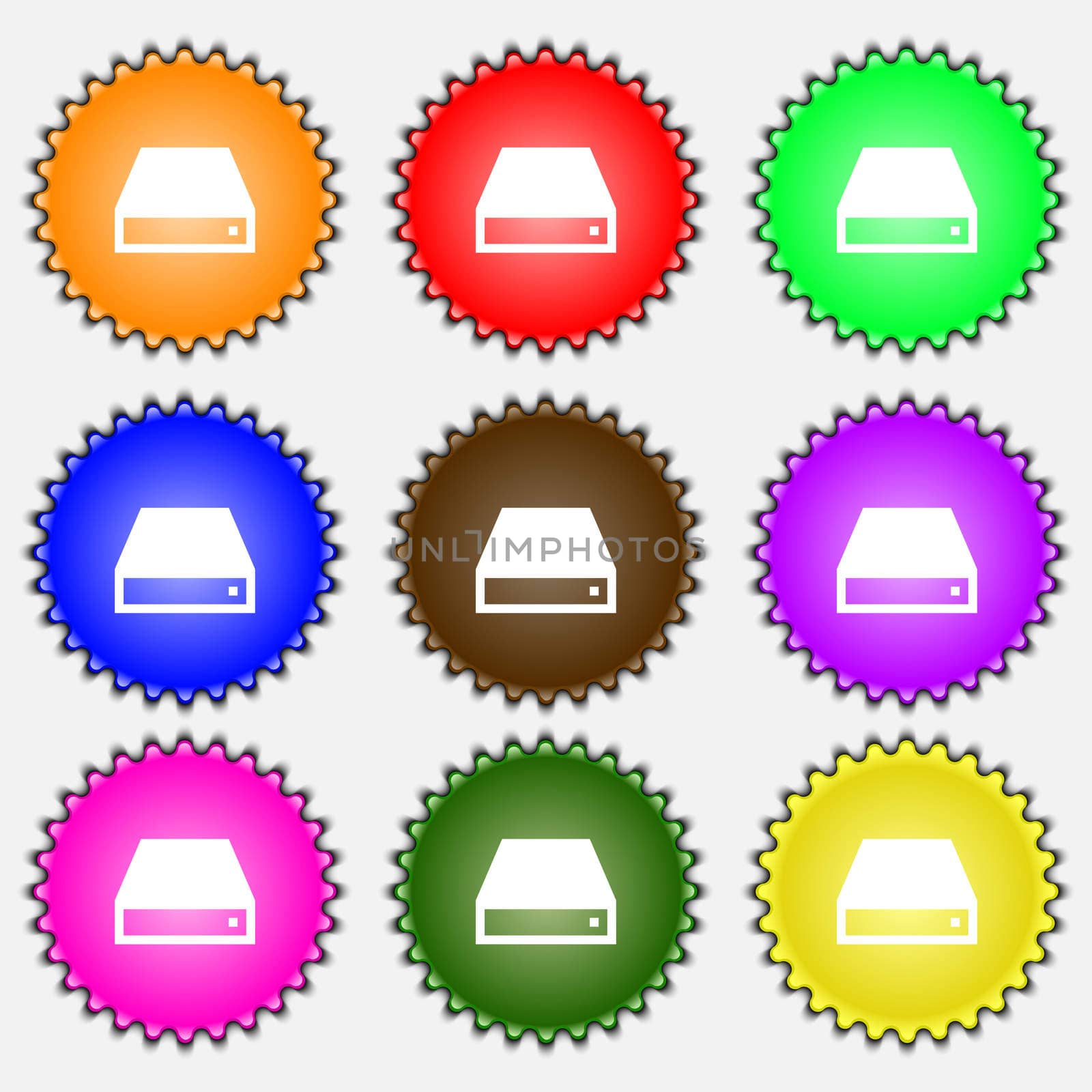 CD-ROM icon sign. A set of nine different colored labels. illustration 