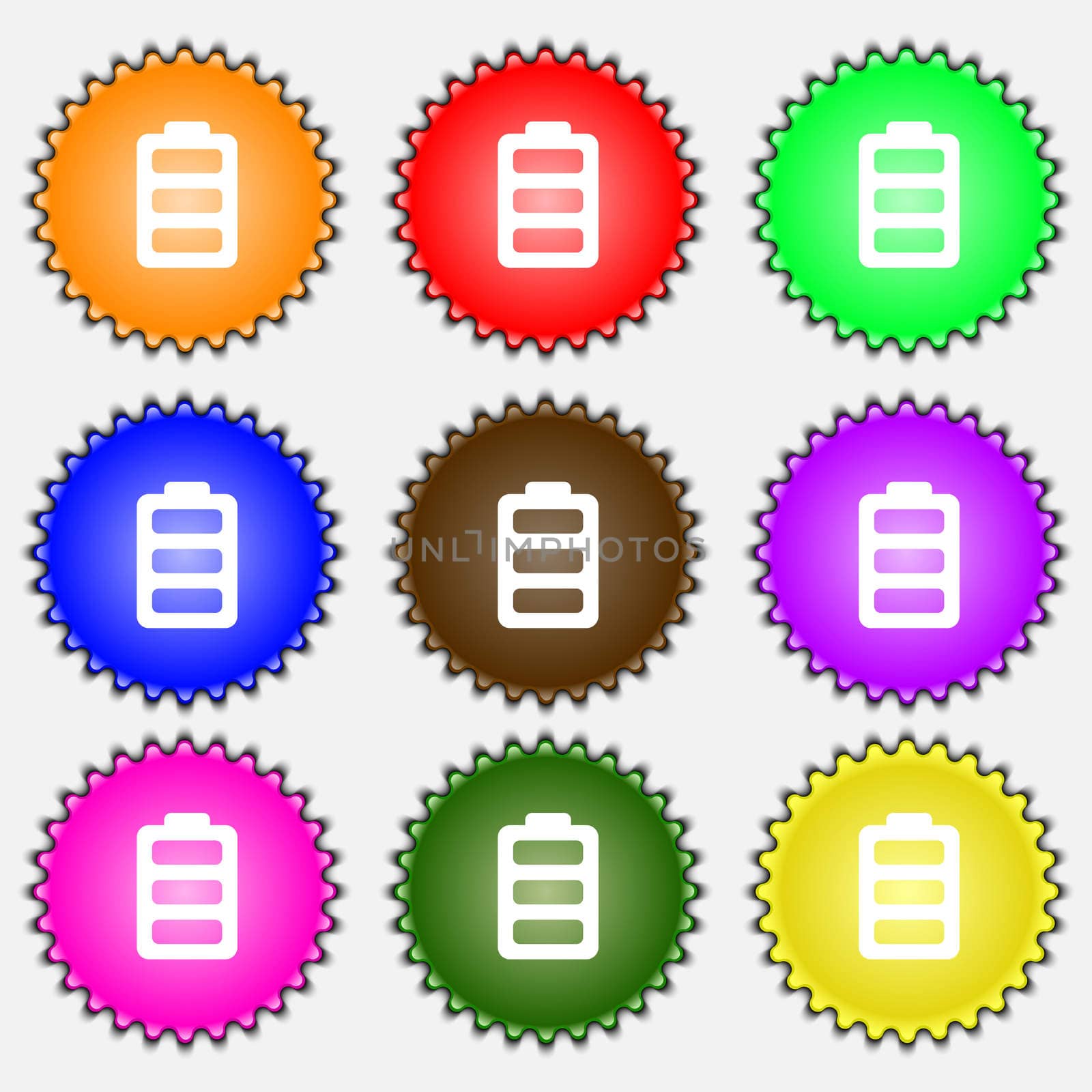 Battery fully charged icon sign. A set of nine different colored labels. illustration