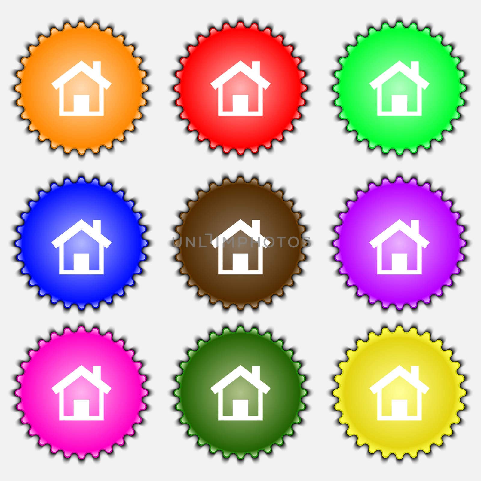 Home, Main page icon sign. A set of nine different colored labels. illustration 