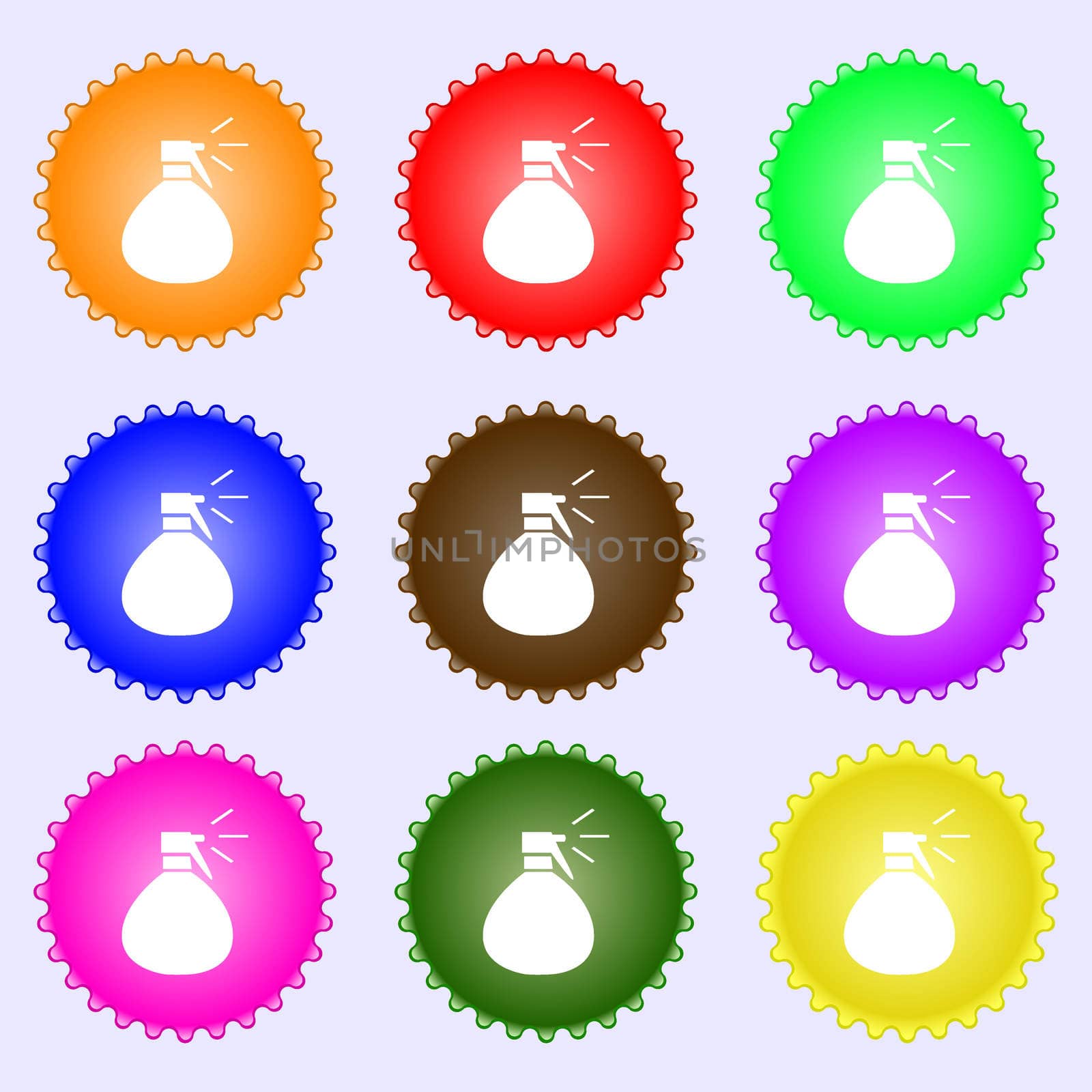 plastic spray of water icon sign. A set of nine different colored labels.  by serhii_lohvyniuk