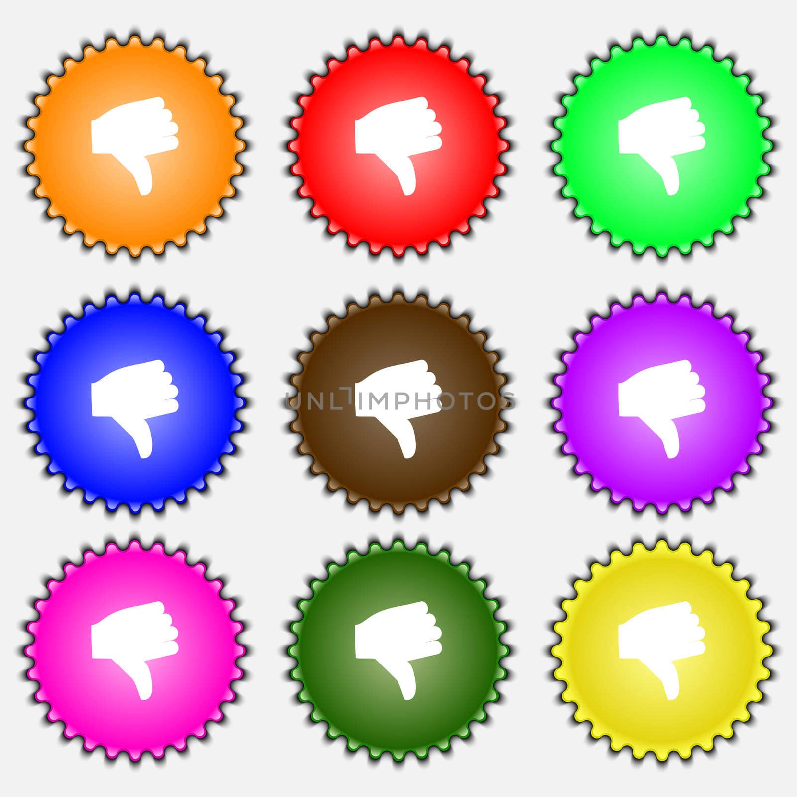 Dislike, Thumb down icon sign. A set of nine different colored labels. illustration 