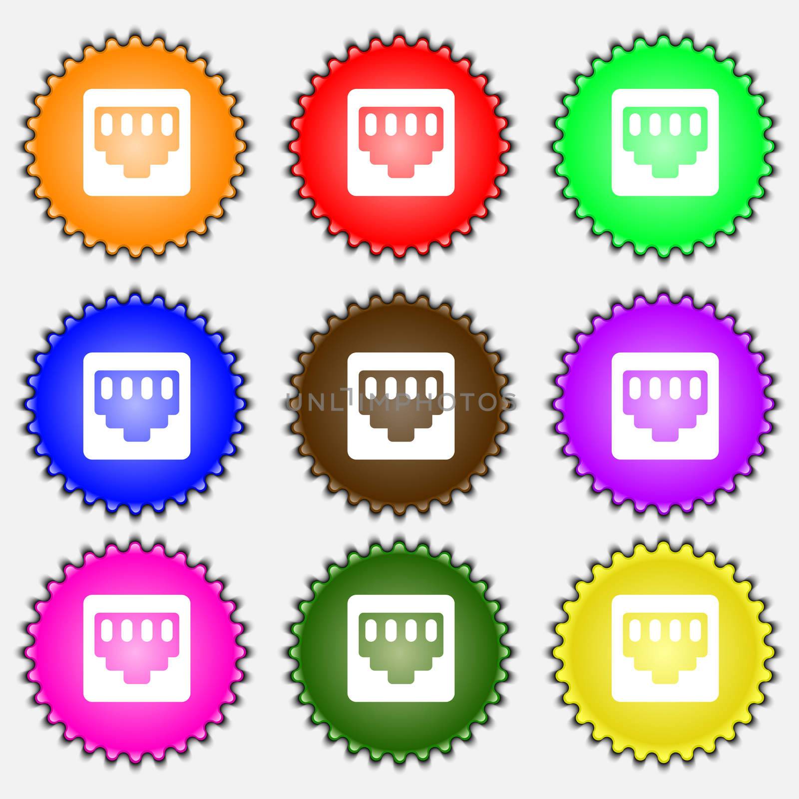 cable rj45, Patch Cord icon sign. A set of nine different colored labels. illustration