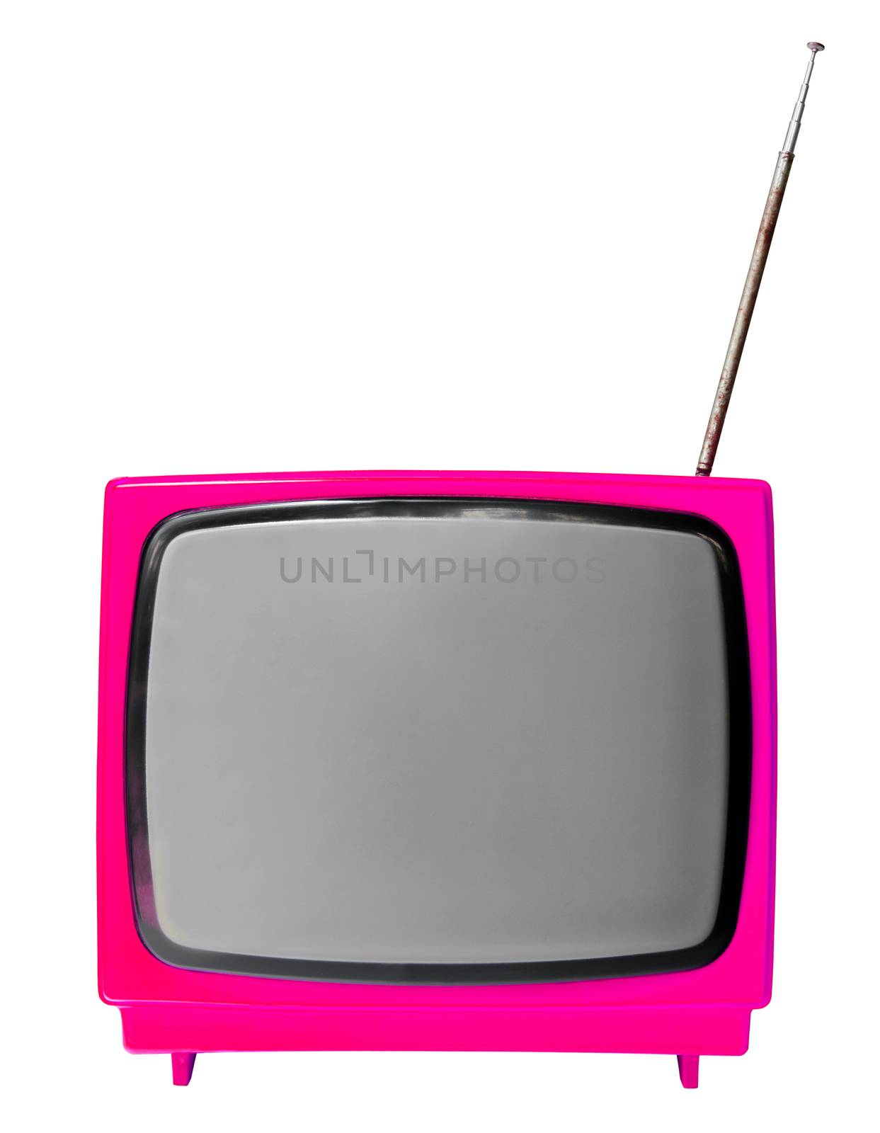 Pink light vintage analog television isolated over white background, clipping path.