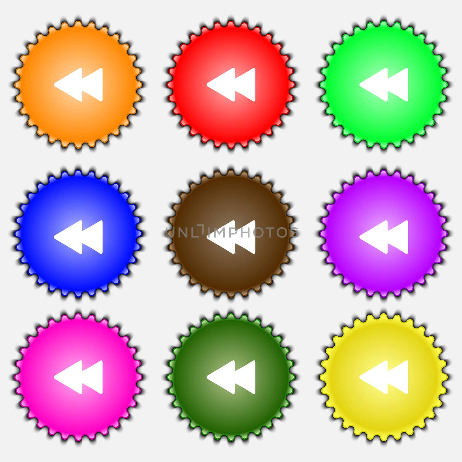 rewind icon sign. A set of nine different colored labels.  by serhii_lohvyniuk