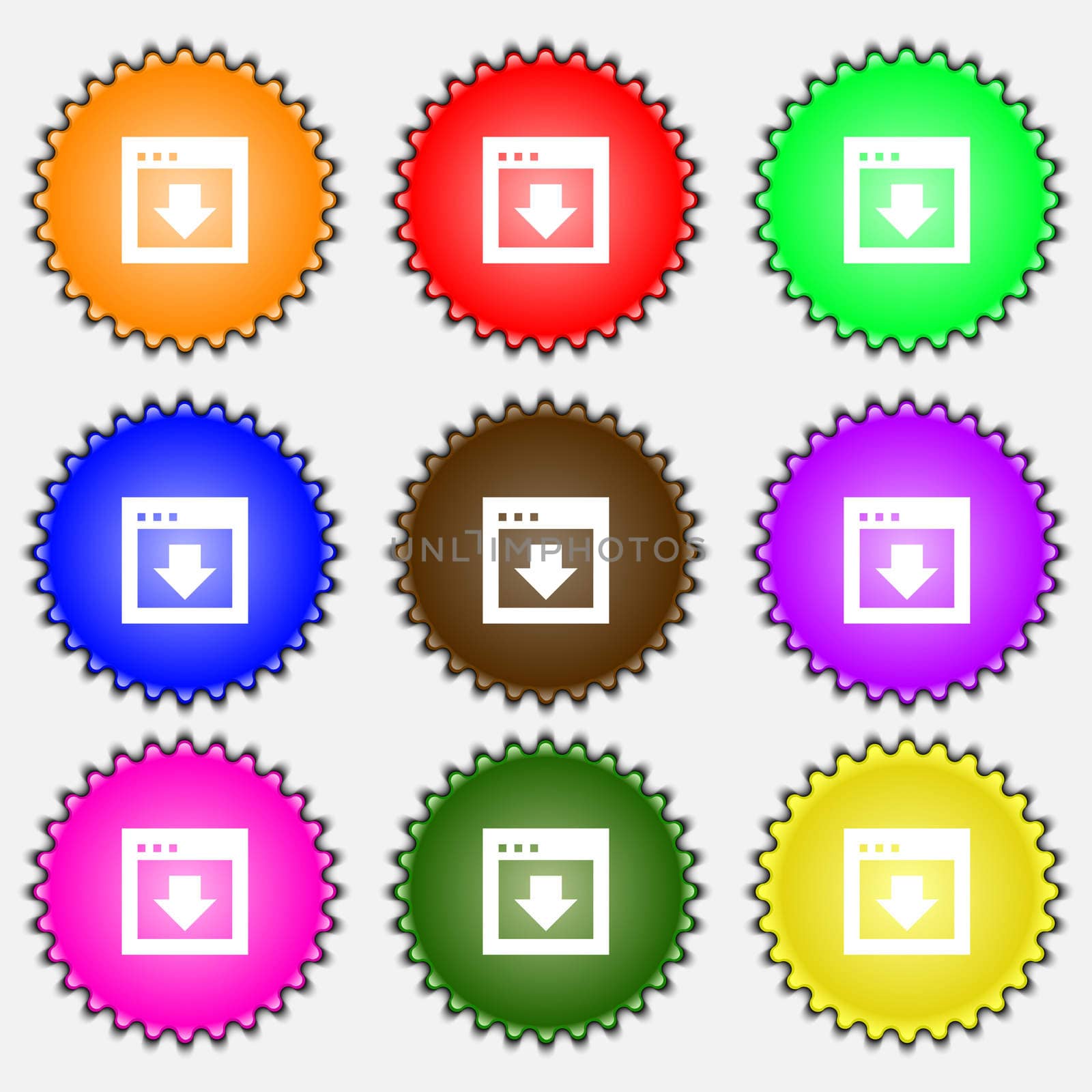 Arrow down, Download, Load, Backup icon sign. A set of nine different colored labels. illustration 
