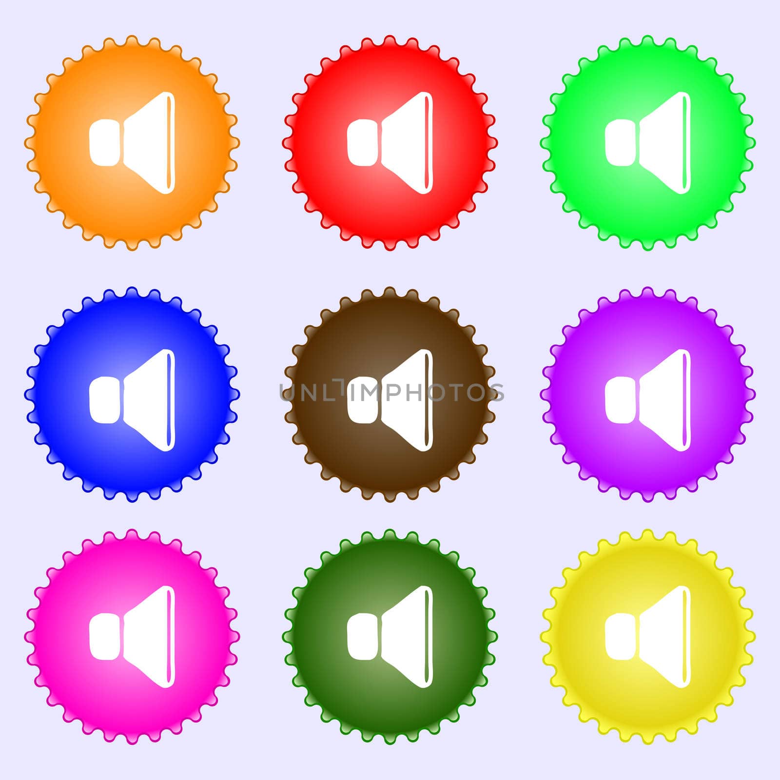 volume, sound icon sign. A set of nine different colored labels.  by serhii_lohvyniuk