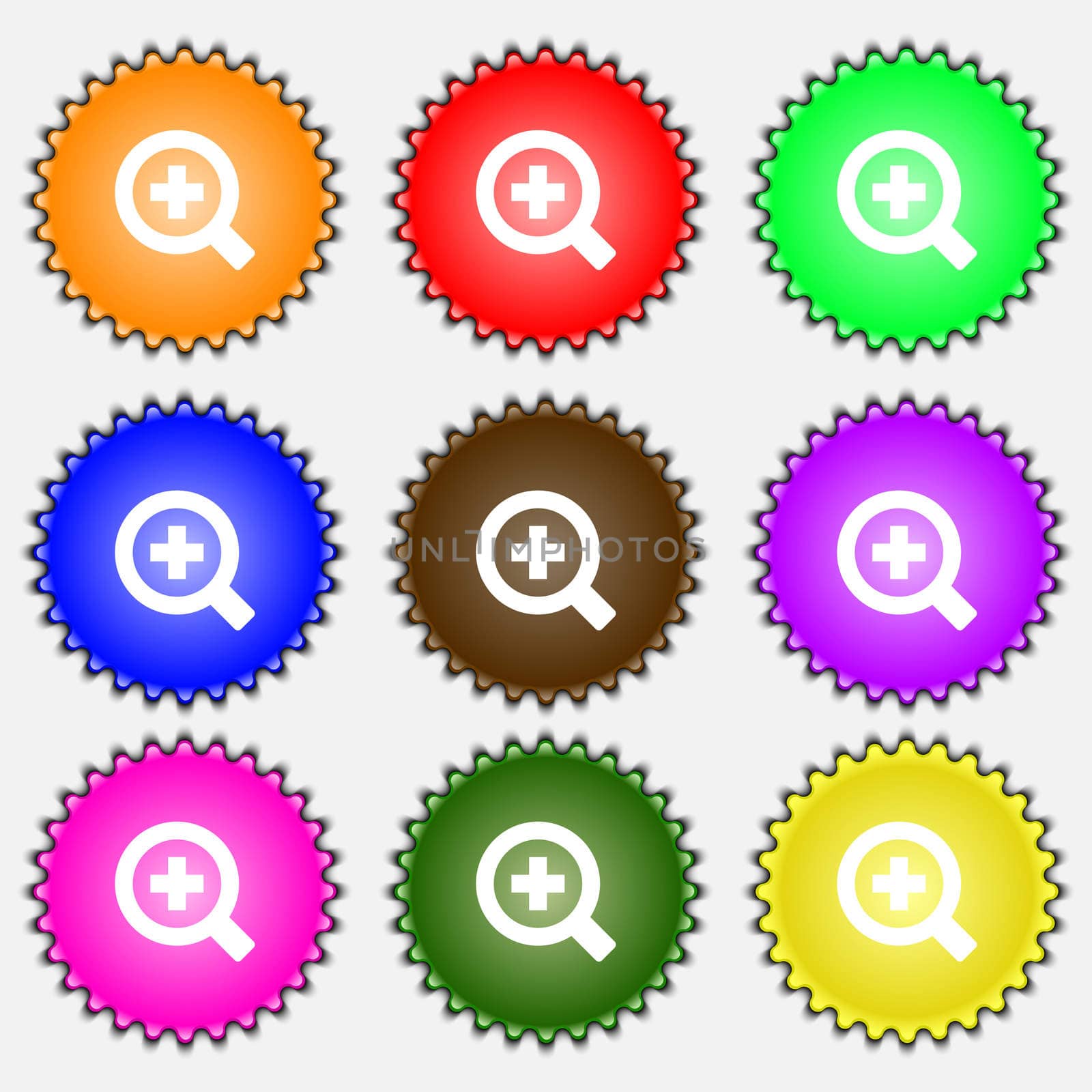 Magnifier glass, Zoom tool icon sign. A set of nine different colored labels. illustration 