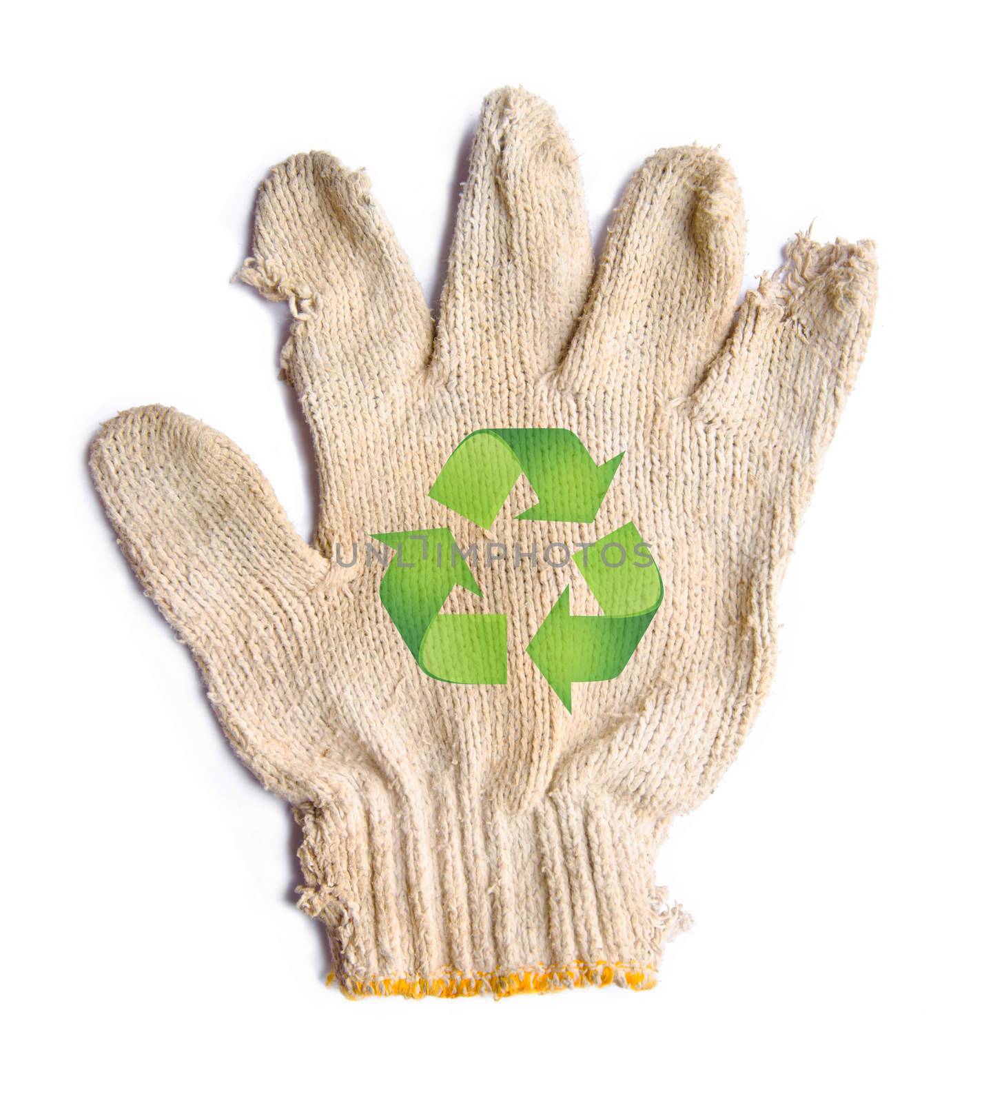 lack gloves fabric garbage with recycle recycle sign isolated on white background, eco recycle garbage concept