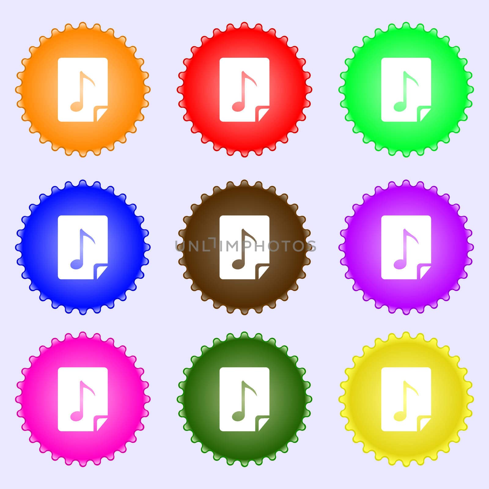 Audio, MP3 file icon sign. A set of nine different colored labels. illustration