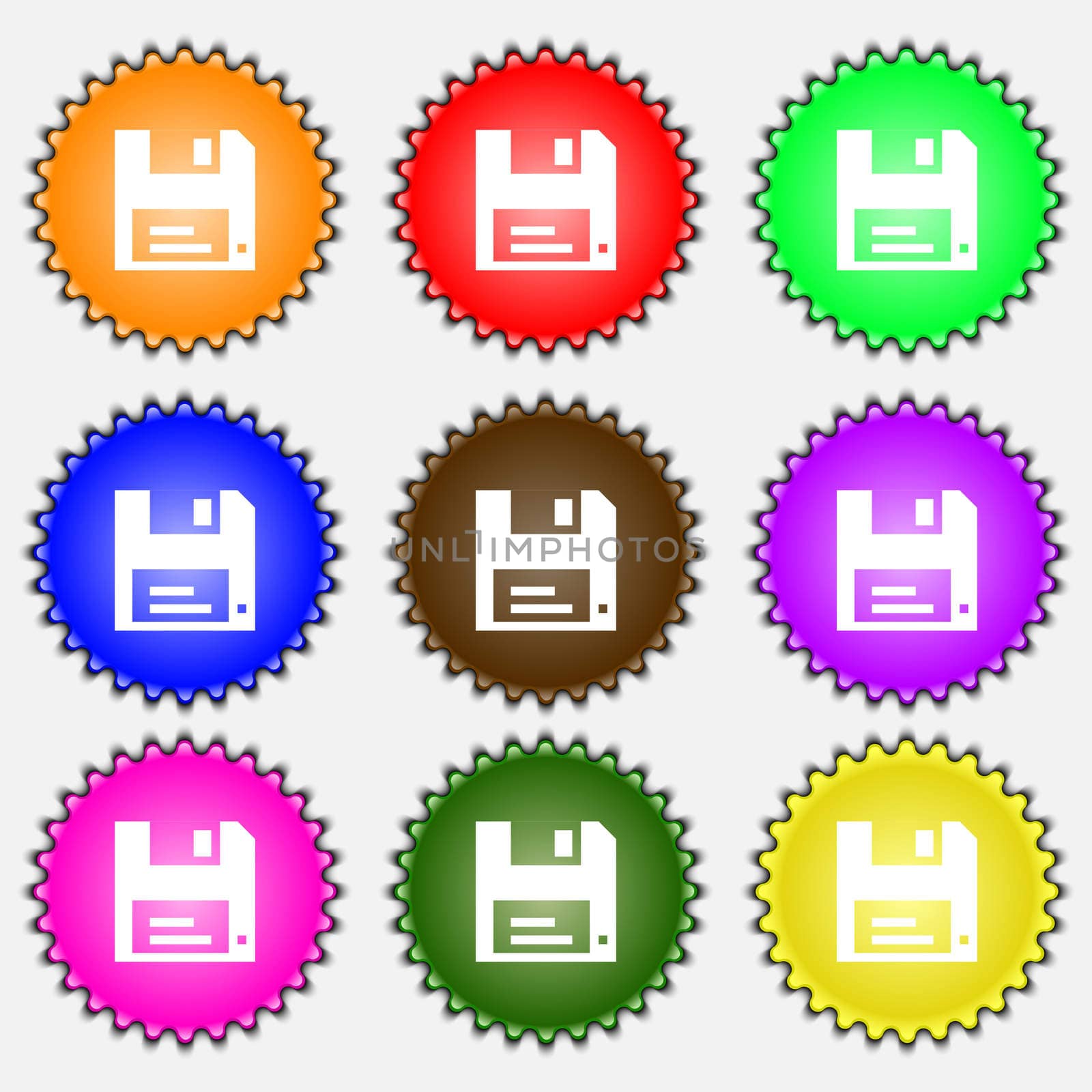 floppy icon sign. A set of nine different colored labels. illustration 