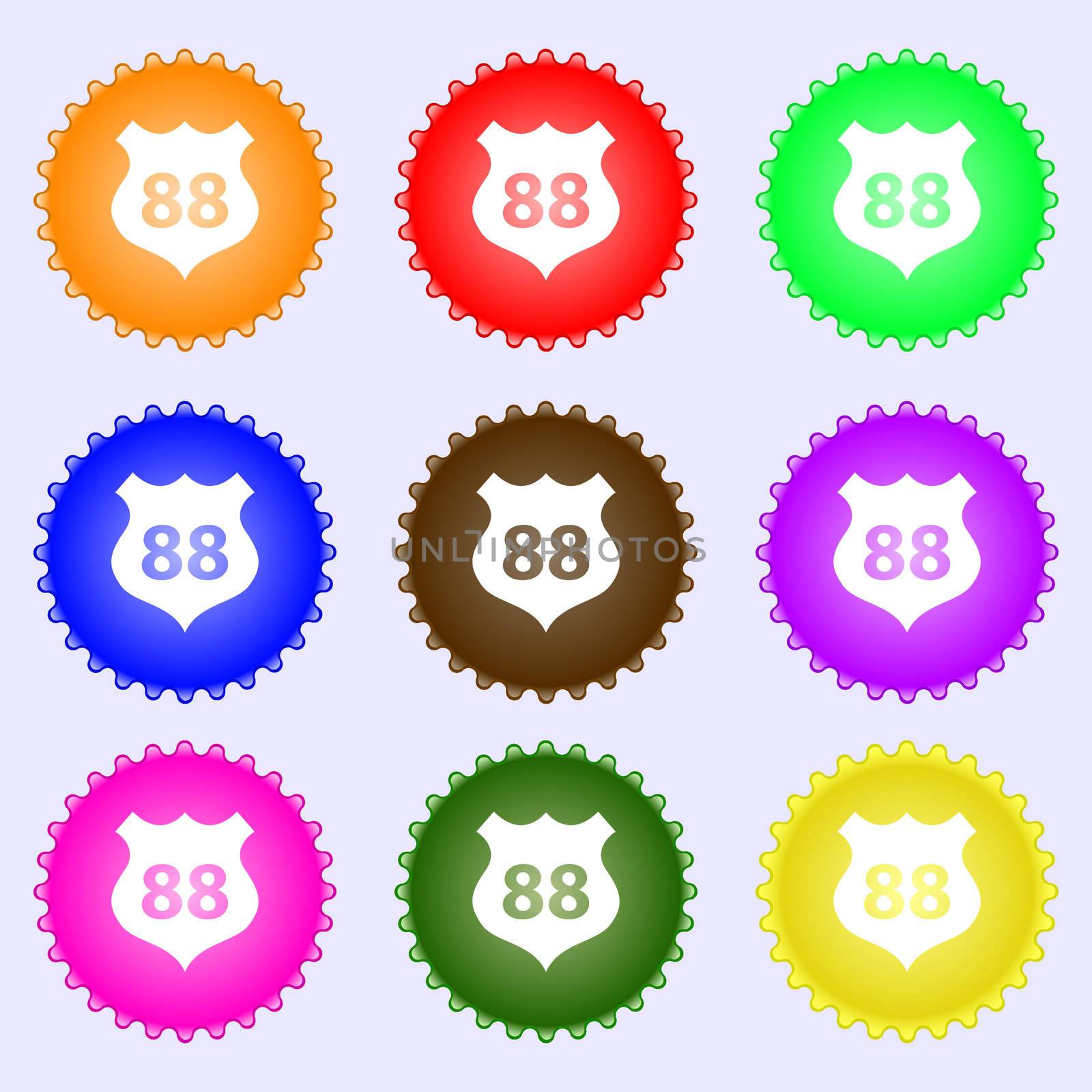 Route 88 highway icon sign. A set of nine different colored labels.  by serhii_lohvyniuk