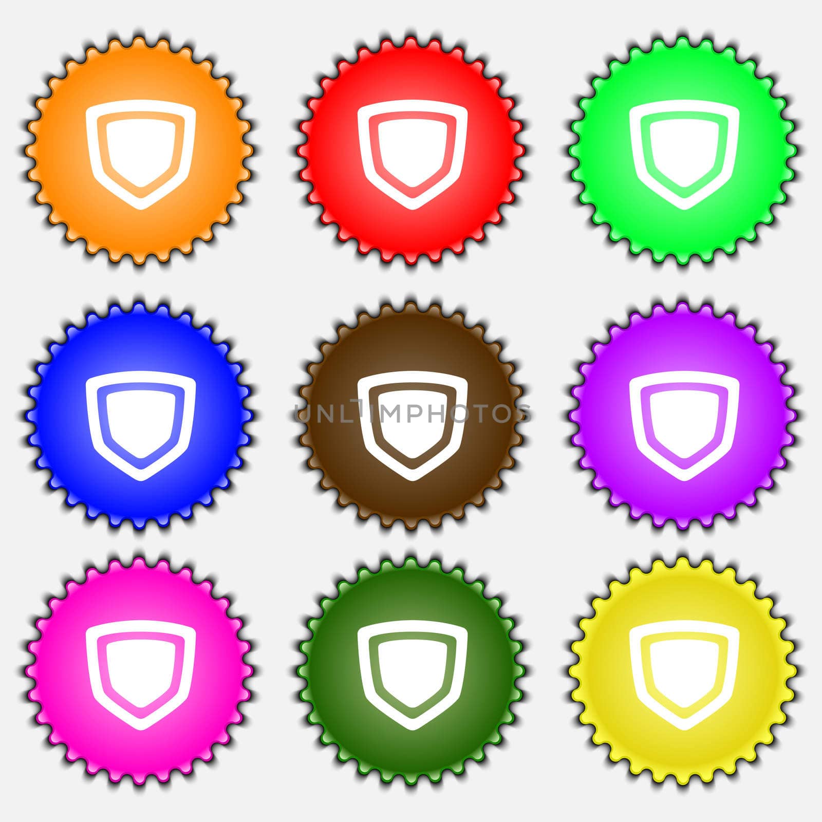 shield icon sign. A set of nine different colored labels.  by serhii_lohvyniuk