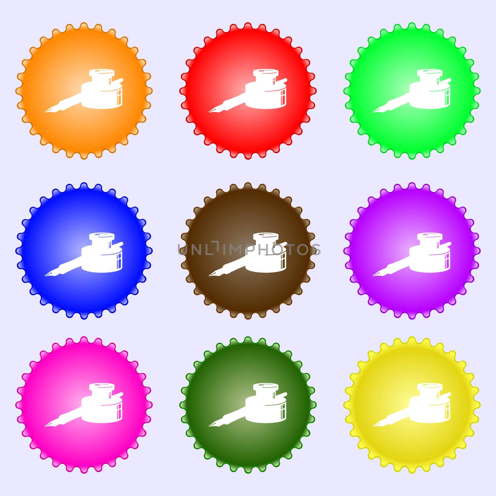 pen and ink icon sign. A set of nine different colored labels. illustration