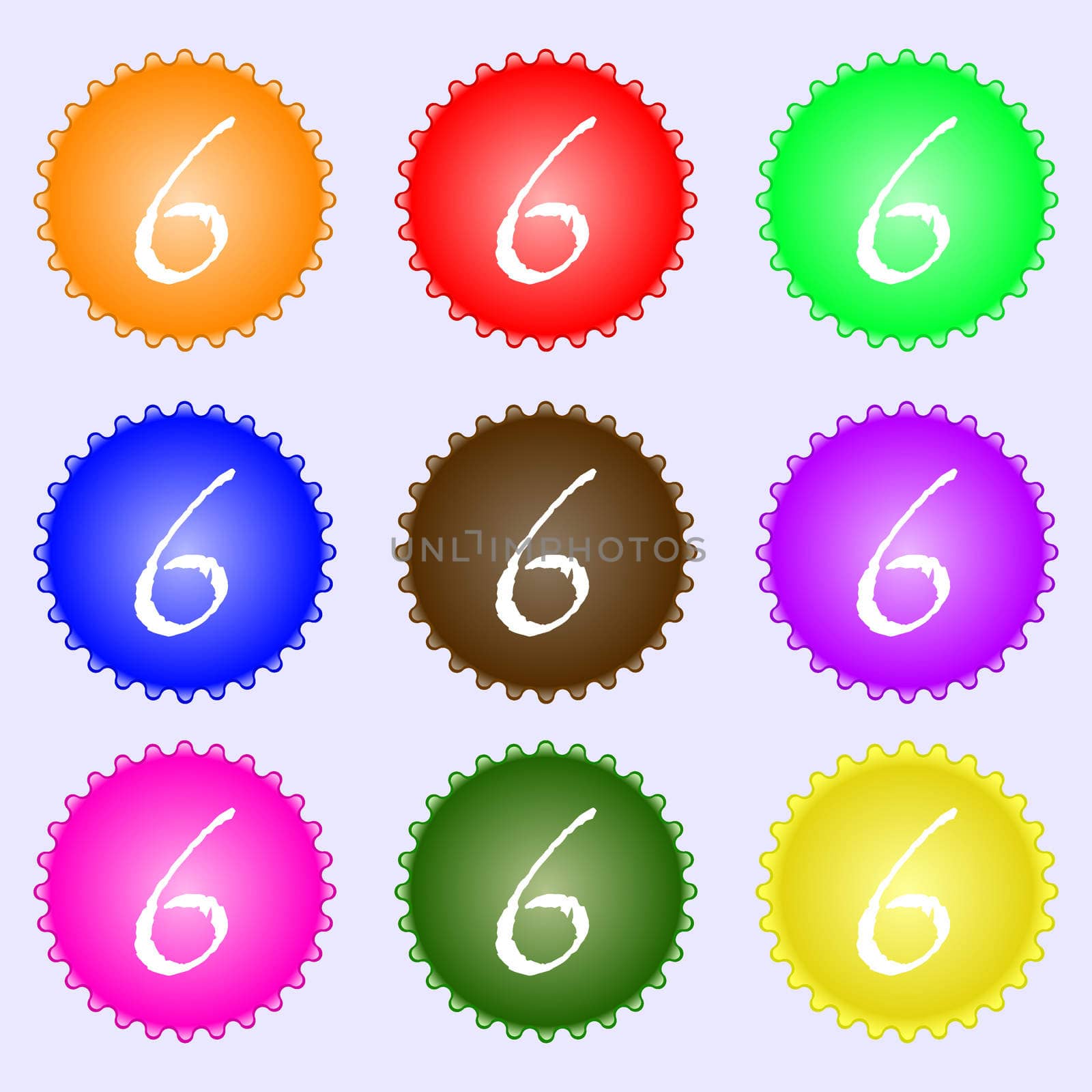 number six icon sign. A set of nine different colored labels. illustration