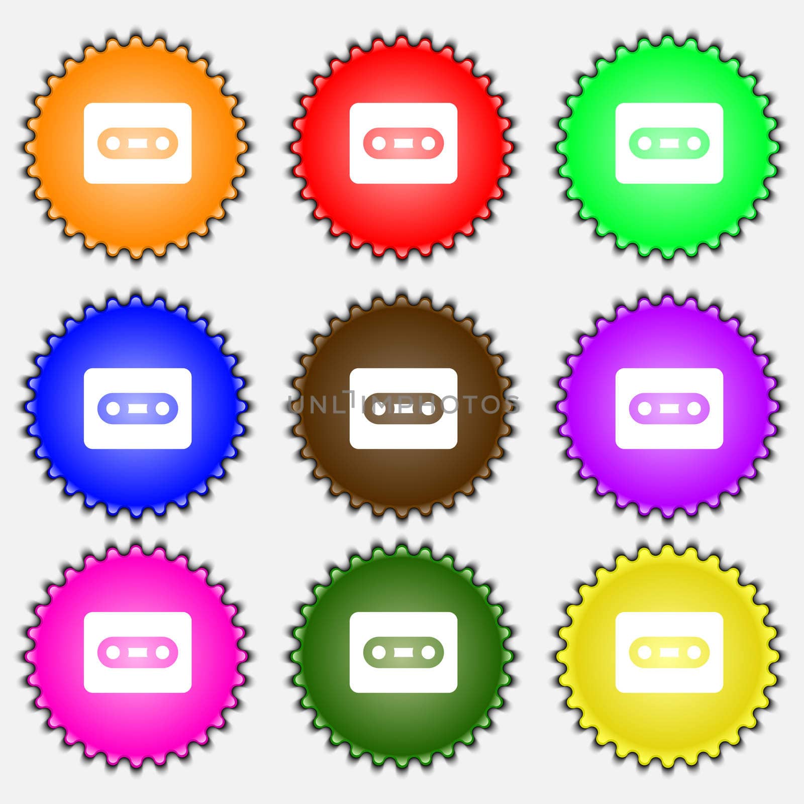 Cassette icon sign. A set of nine different colored labels. illustration