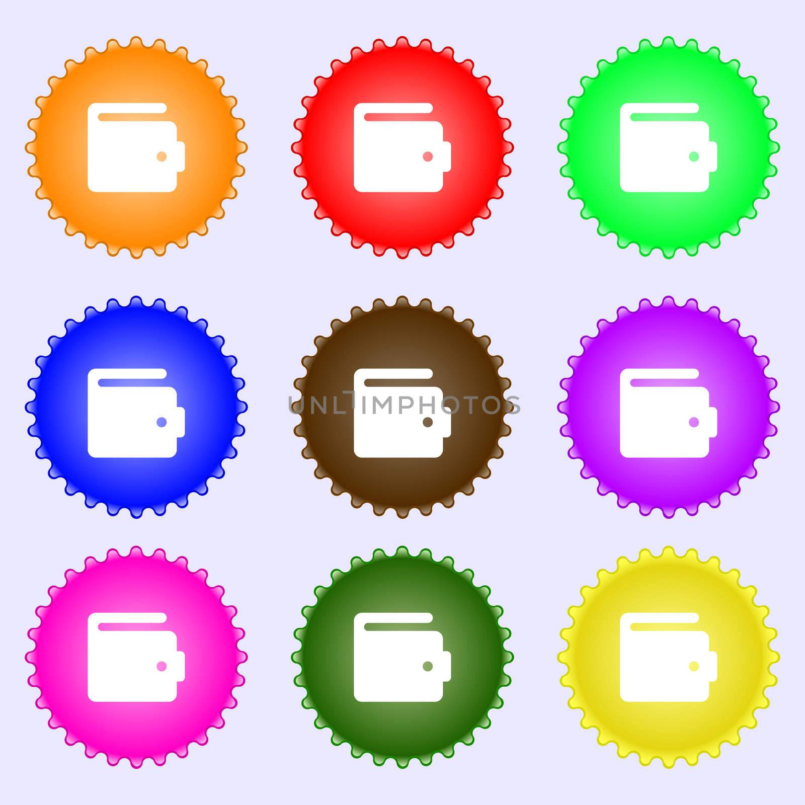 purse icon sign. A set of nine different colored labels.  by serhii_lohvyniuk